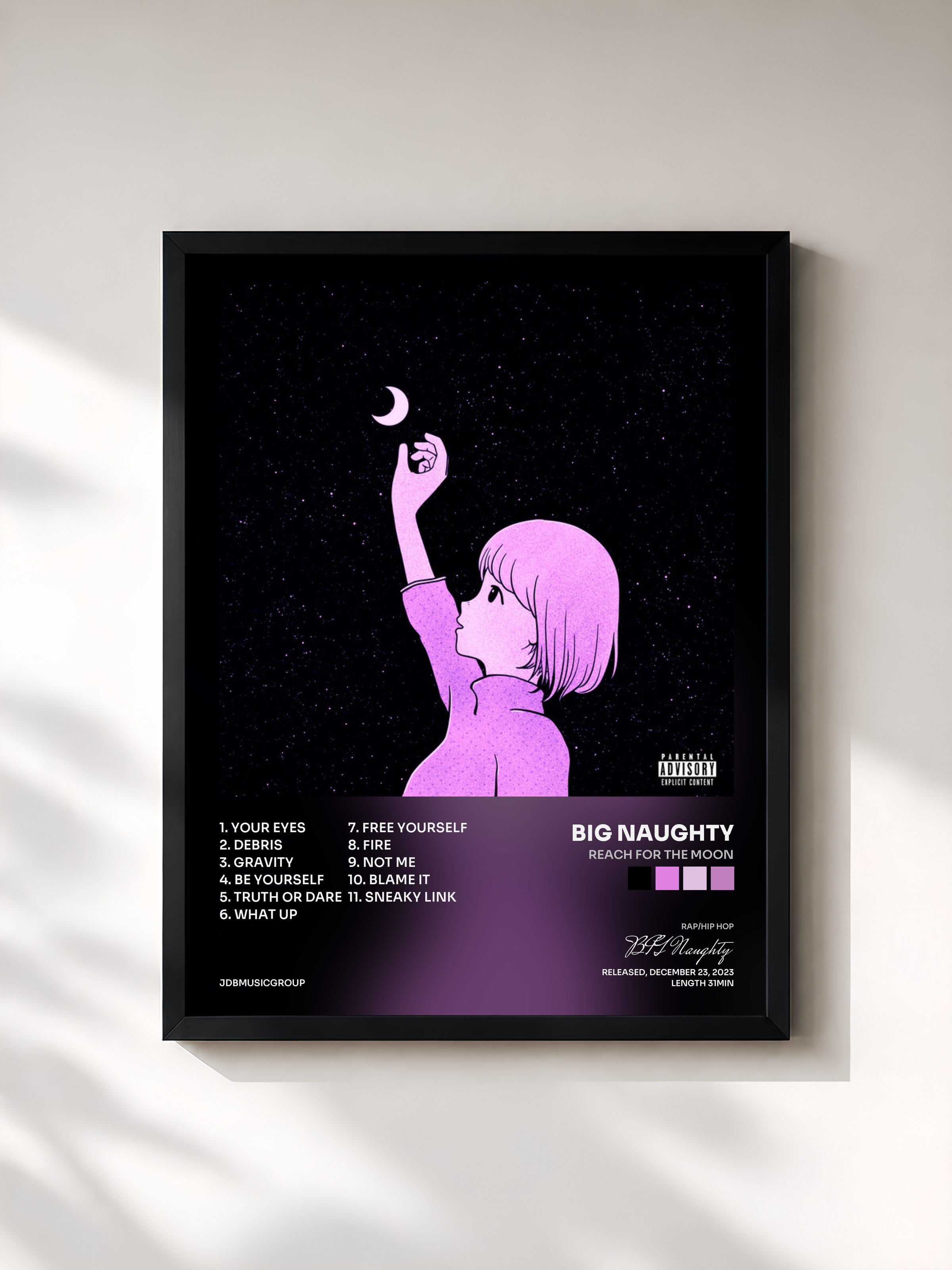 #noir Tableau de l'album Reach for the Moon de BIG Naughty, cadre noir, imprimé et encadré en France