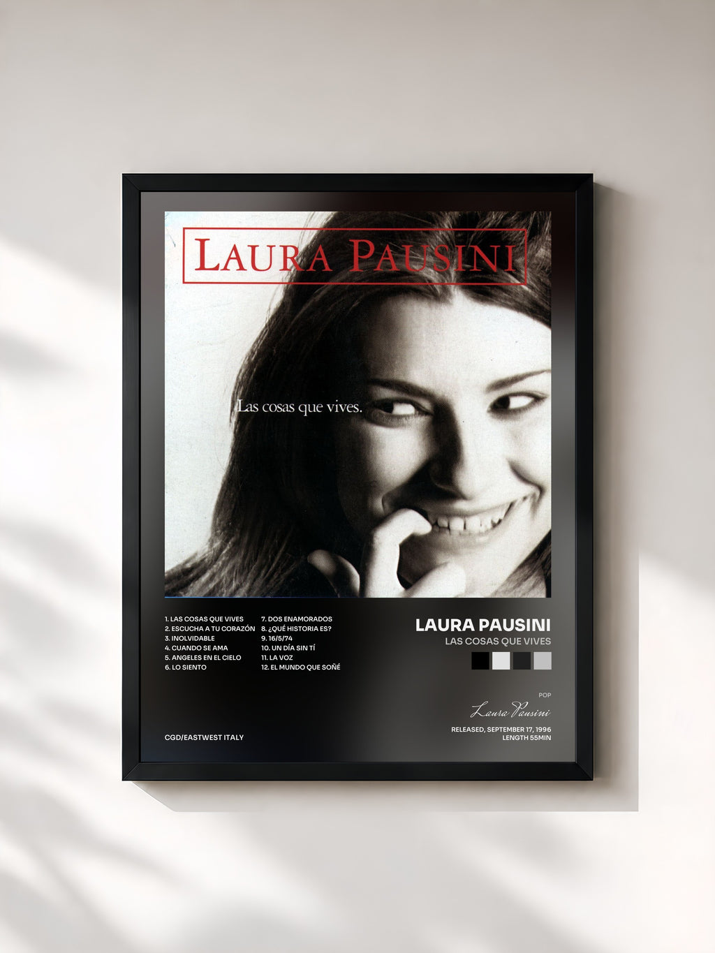 #noir Tableau de l'album Las cosas que vives de Laura Pausini, cadre noir, imprimé et encadré en France