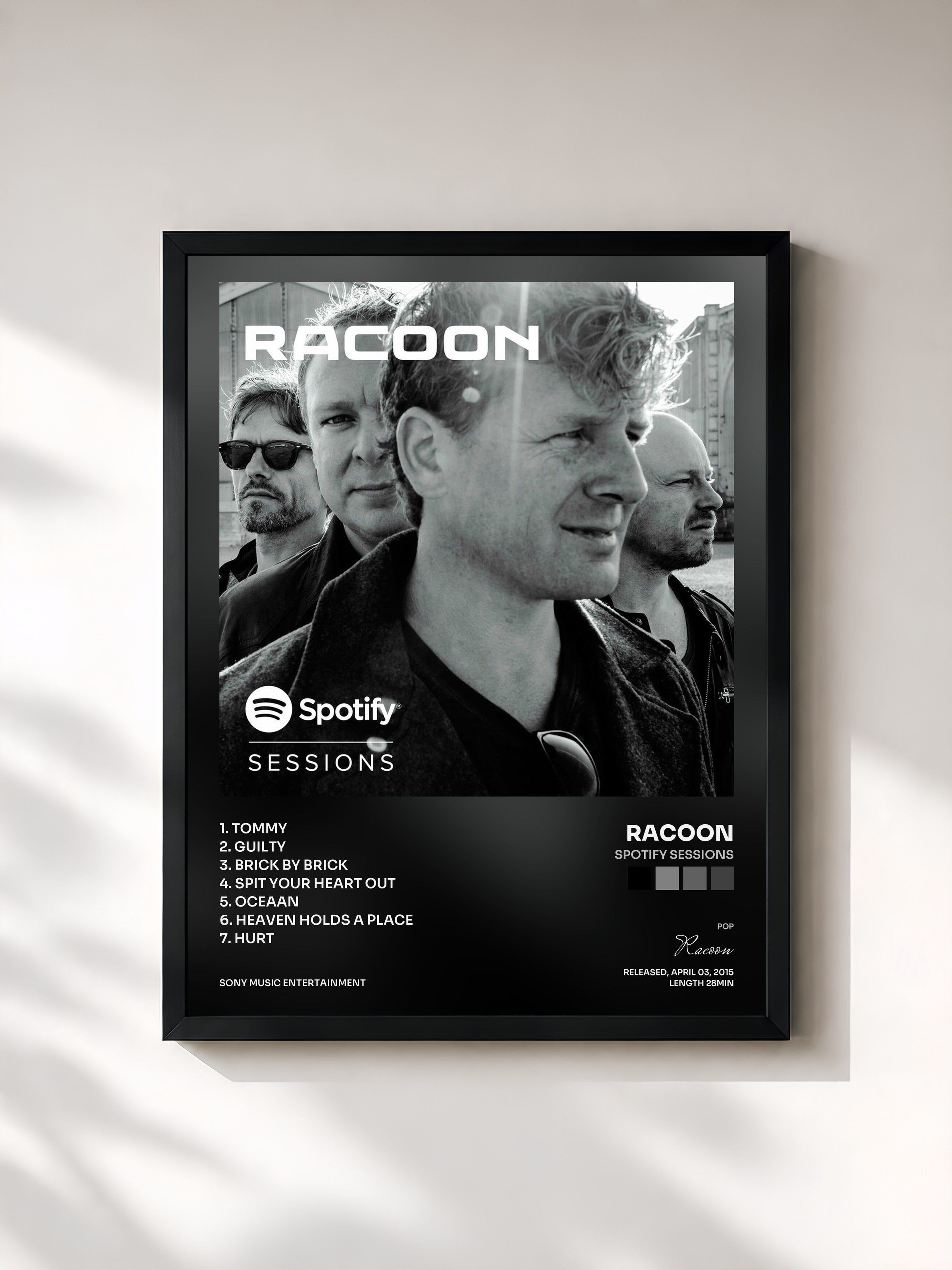 #noir Tableau de l'album Spotify Sessions de Racoon, cadre noir, imprimé et encadré en France