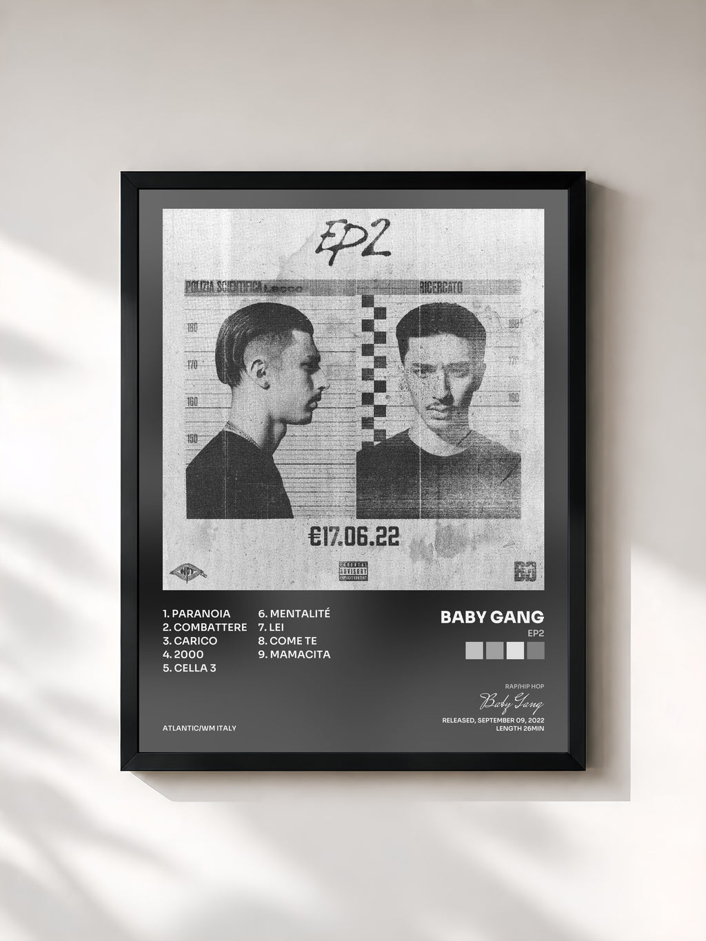 #noir Tableau de l'album EP2 de Baby Gang, cadre noir, imprimé et encadré en France