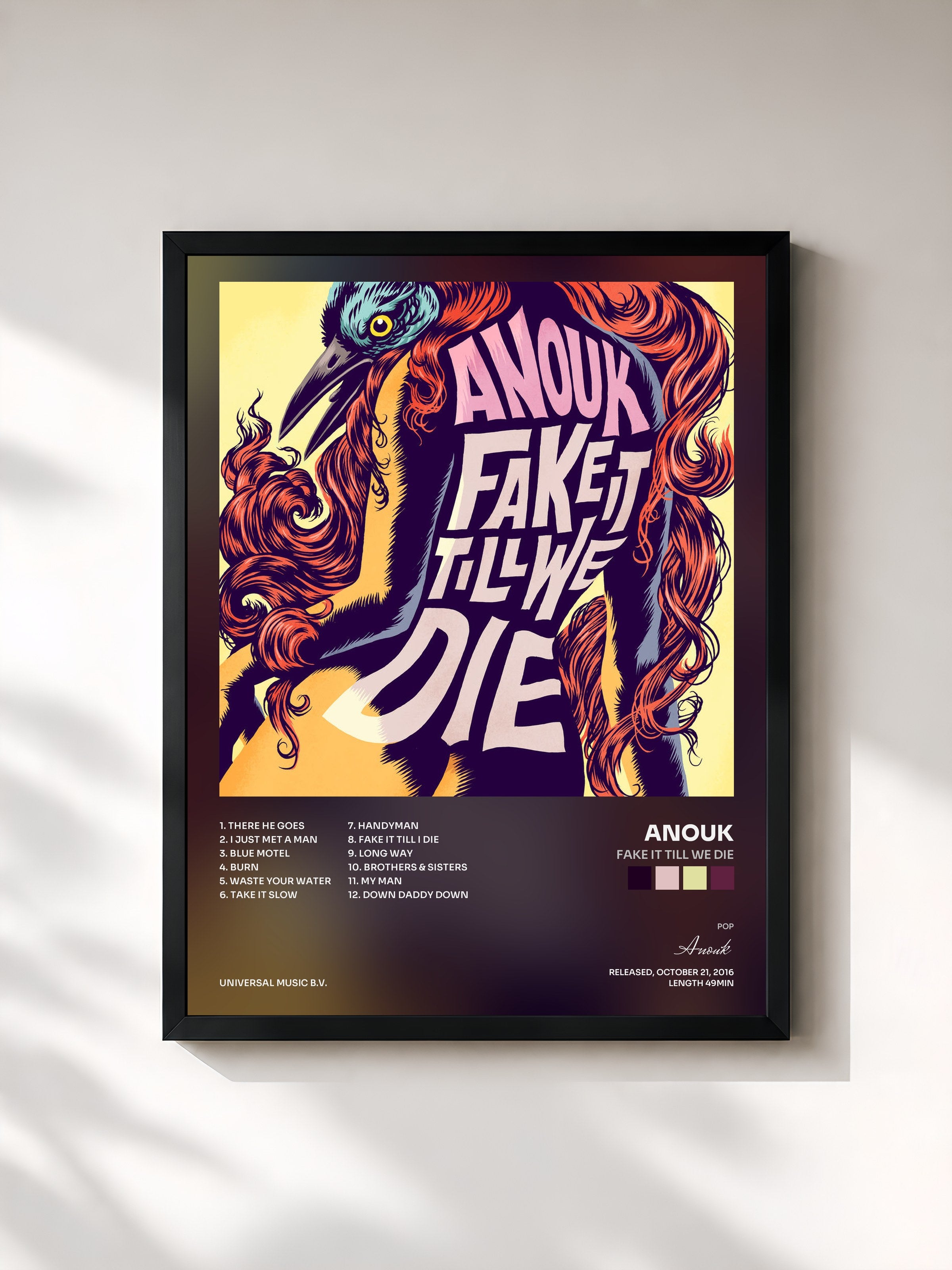 #noir Tableau de l'album Fake It Till We Die de Anouk, cadre noir, imprimé et encadré en France