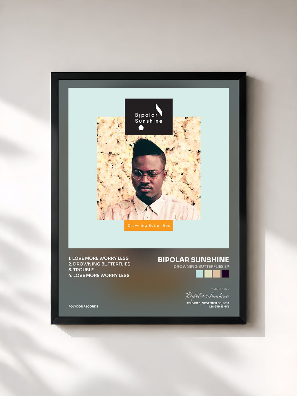 #noir Tableau de l'album Drowning Butterflies EP de Bipolar Sunshine, cadre noir, imprimé et encadré en France