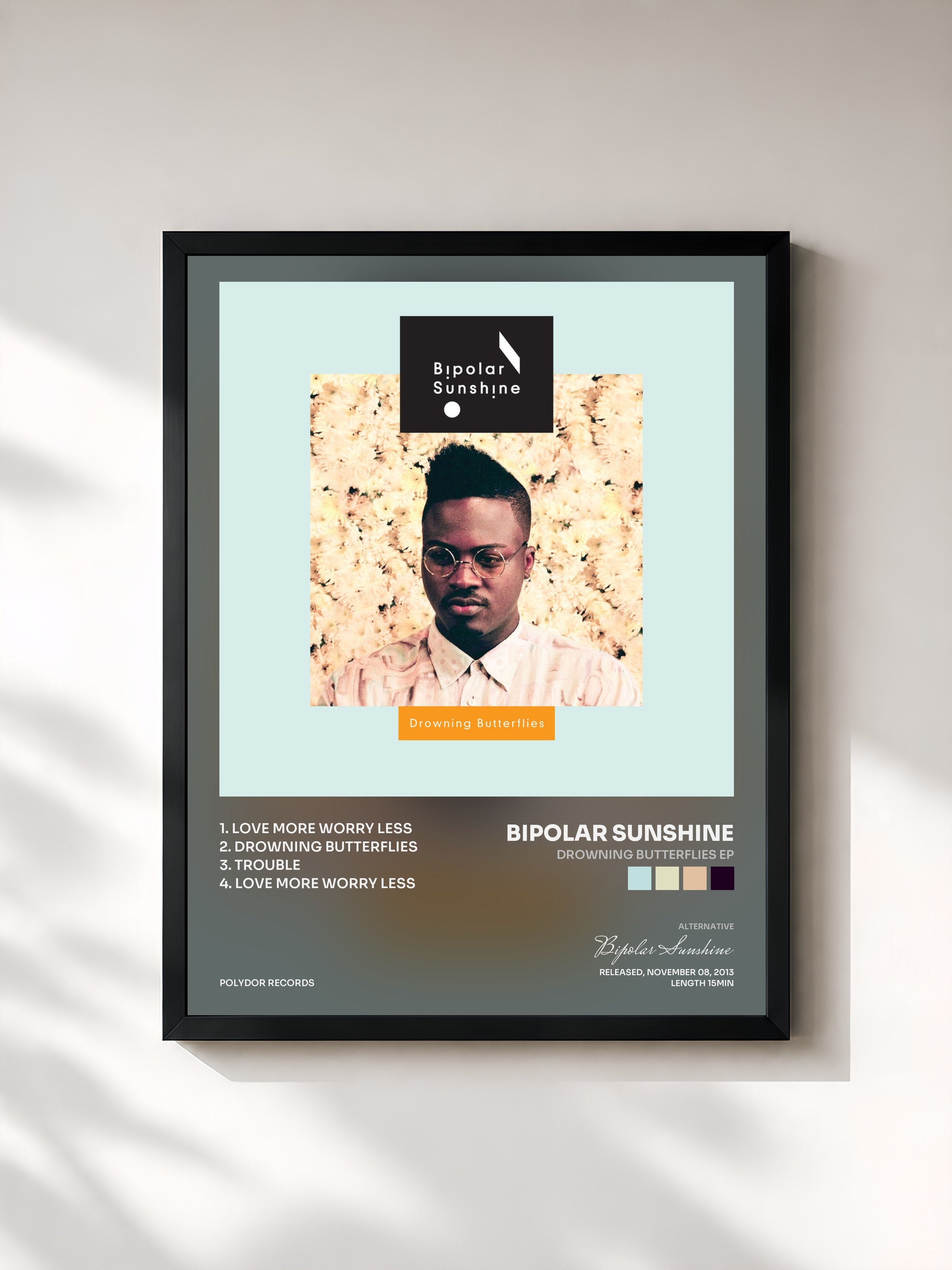 #noir Tableau de l'album Drowning Butterflies EP de Bipolar Sunshine, cadre noir, imprimé et encadré en France