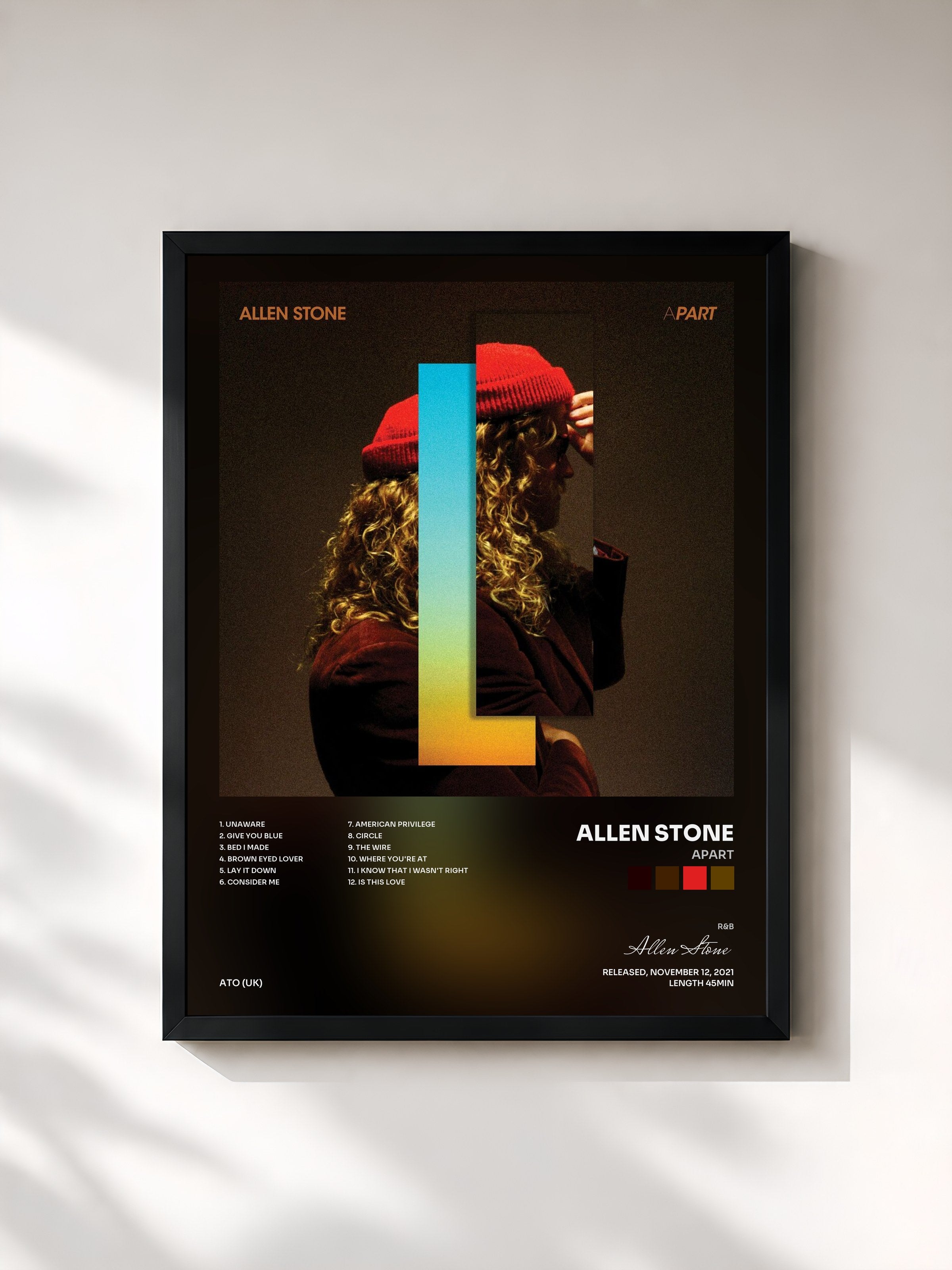 #noir Tableau de l'album APART de Allen Stone, cadre noir, imprimé et encadré en France