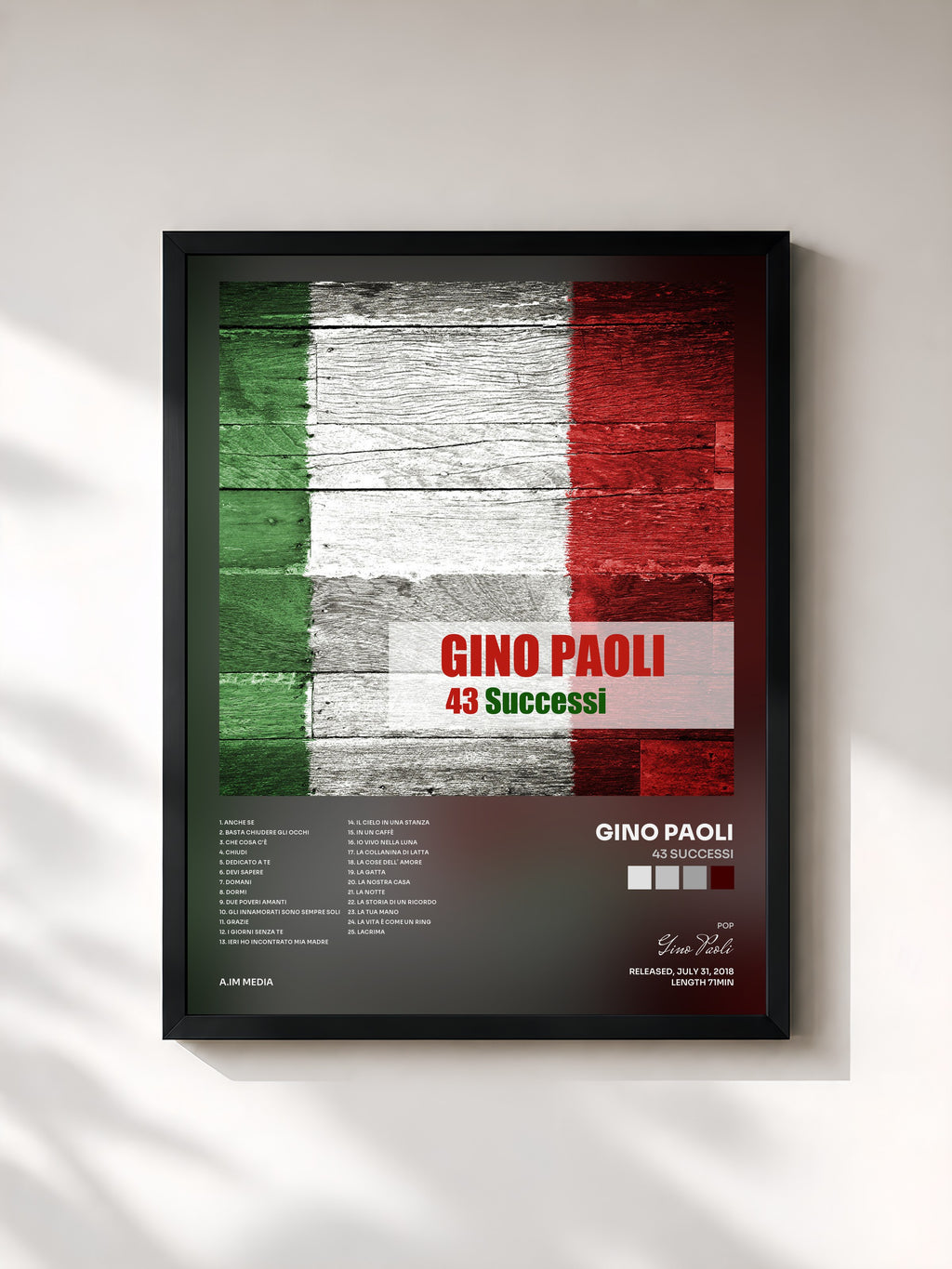 #noir Tableau de l'album 43 Successi de Gino Paoli, cadre noir, imprimé et encadré en France