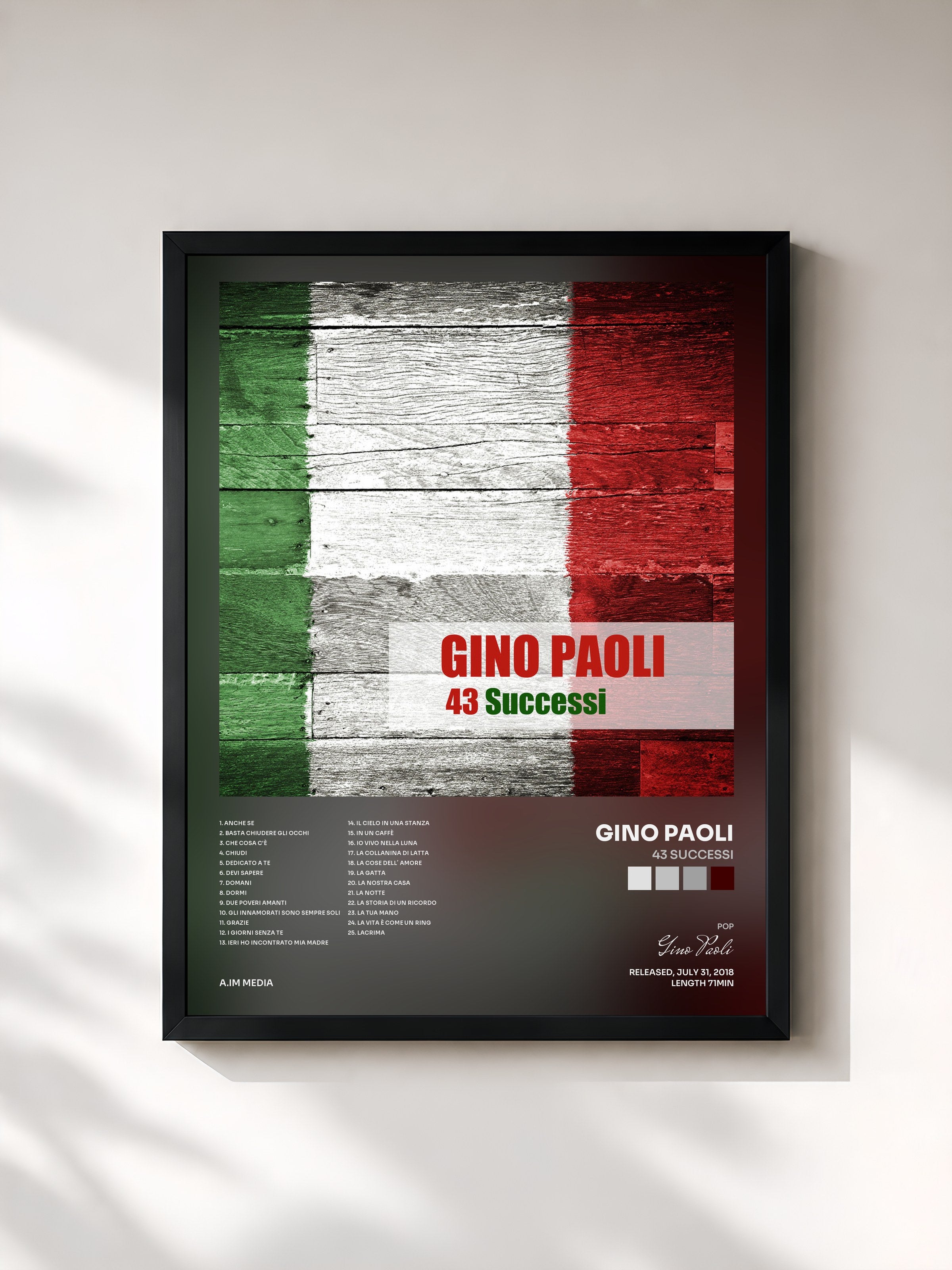 #noir Tableau de l'album 43 Successi de Gino Paoli, cadre noir, imprimé et encadré en France