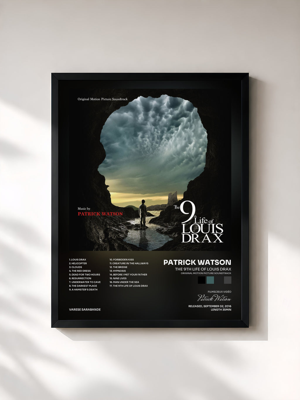 #noir Tableau de l'album The 9th LIfe Of Louis Drax (Original Motion Picture Soundtrack) de Patrick Watson, cadre noir, imprimé et encadré en France