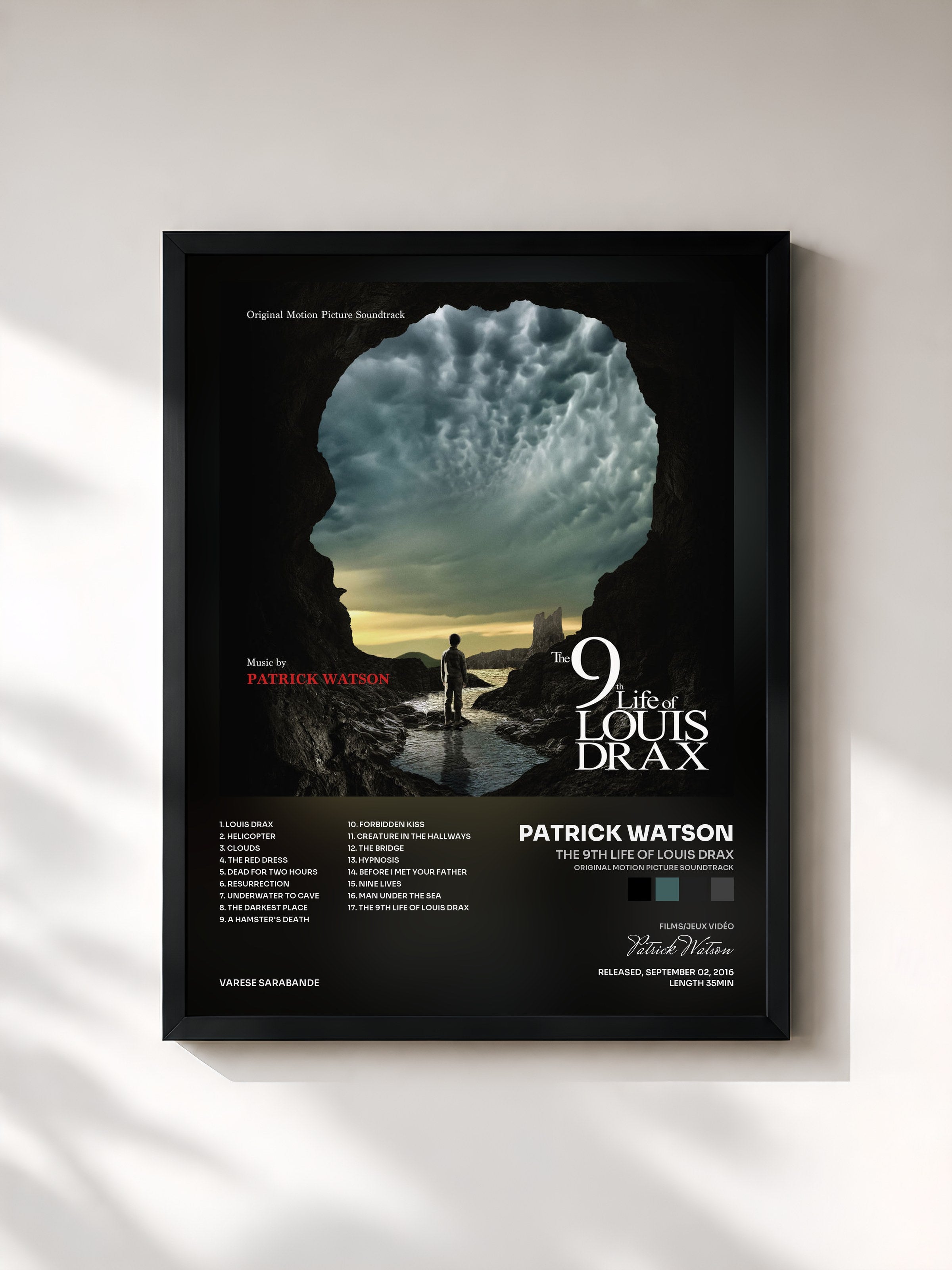 #noir Tableau de l'album The 9th LIfe Of Louis Drax (Original Motion Picture Soundtrack) de Patrick Watson, cadre noir, imprimé et encadré en France