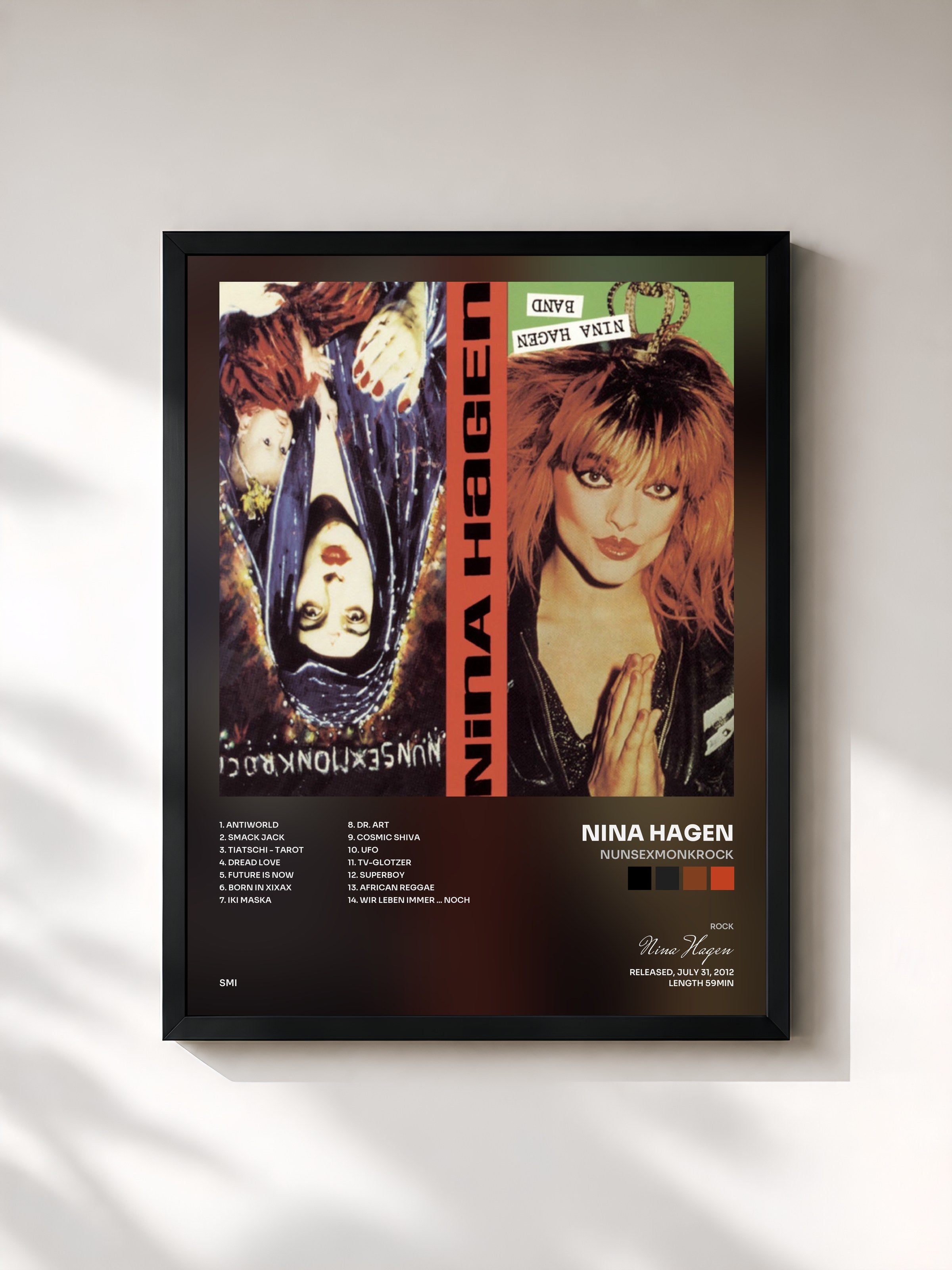 #noir Tableau de l'album Nunsexmonkrock de Nina Hagen, cadre noir, imprimé et encadré en France
