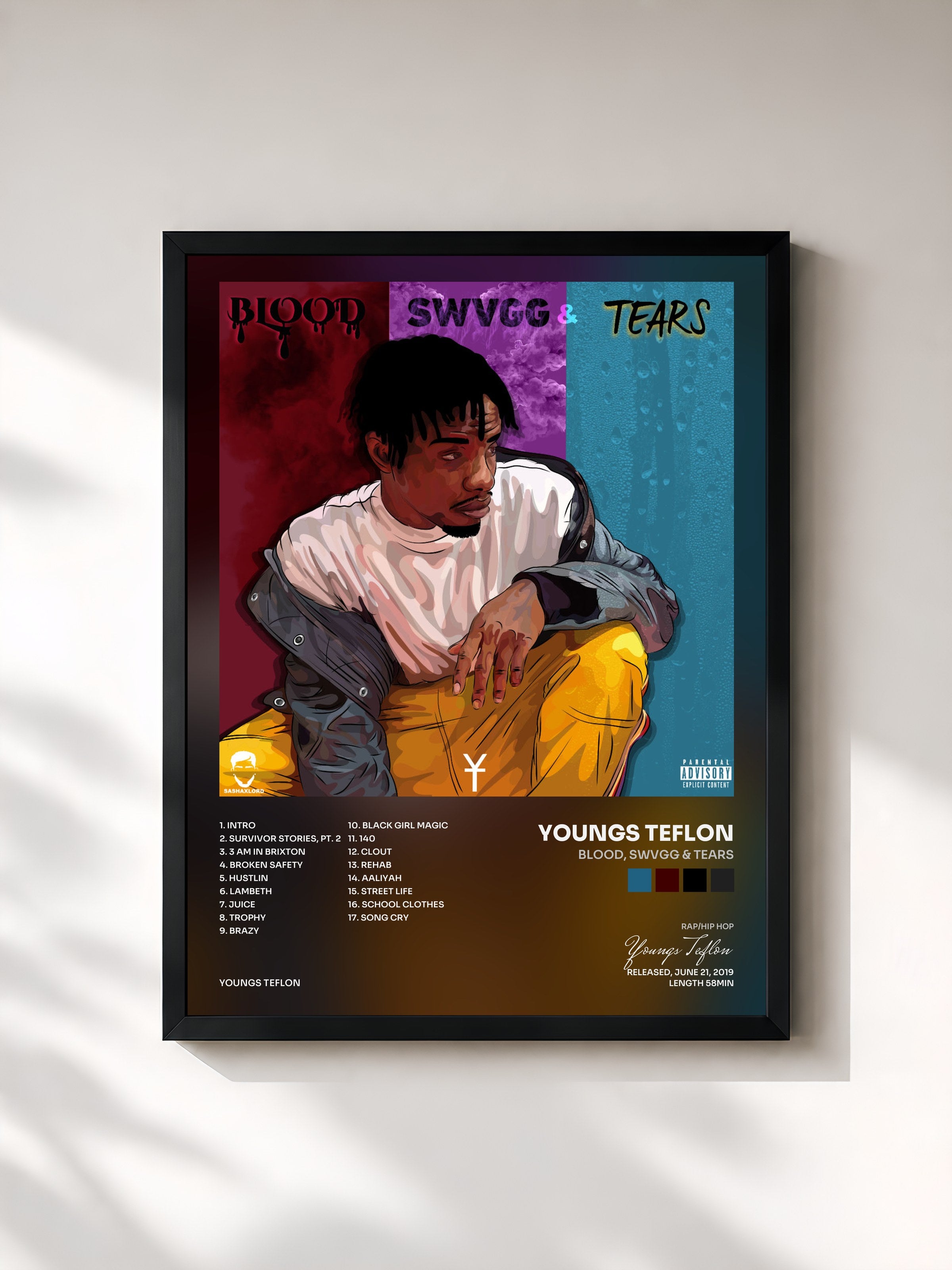 #noir Tableau de l'album Blood, Swvgg & Tears de Youngs Teflon, cadre noir, imprimé et encadré en France