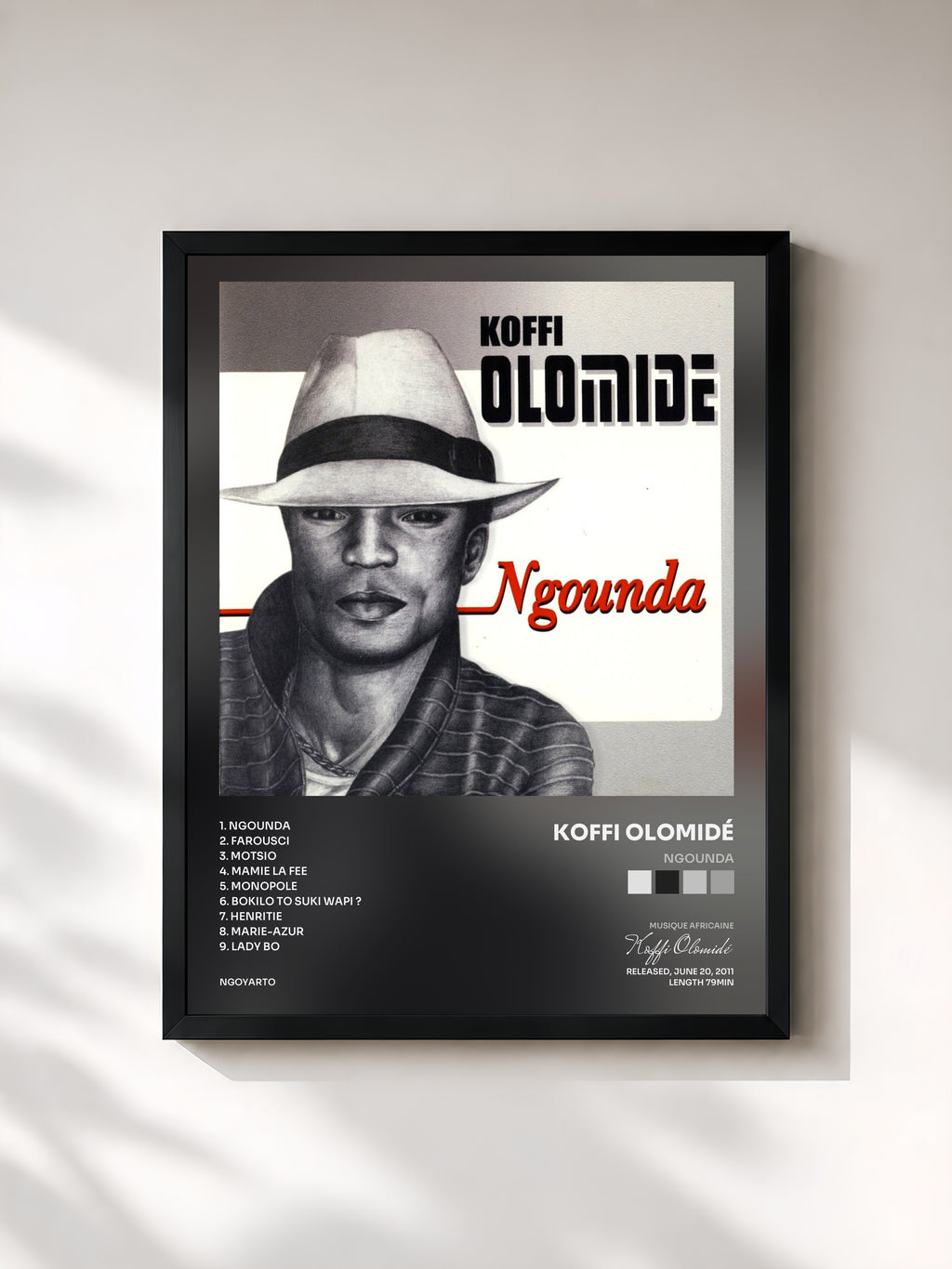 #noir Tableau de l'album Ngounda de Koffi Olomidé, cadre noir, imprimé et encadré en France