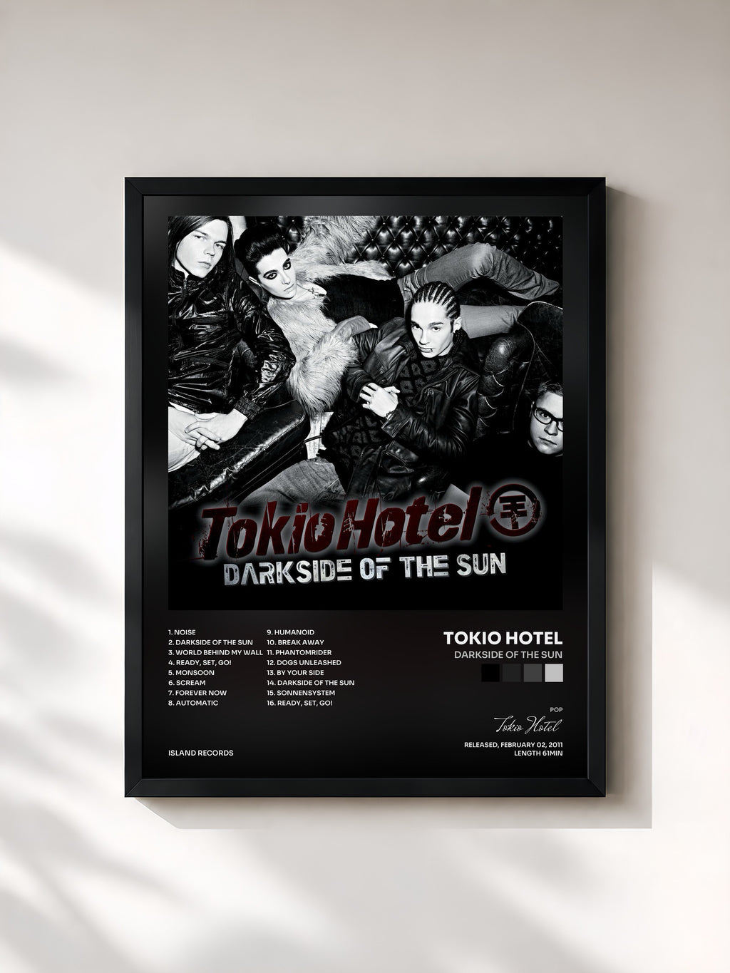 #noir Tableau de l'album Darkside Of The Sun de Tokio Hotel, cadre noir, imprimé et encadré en France