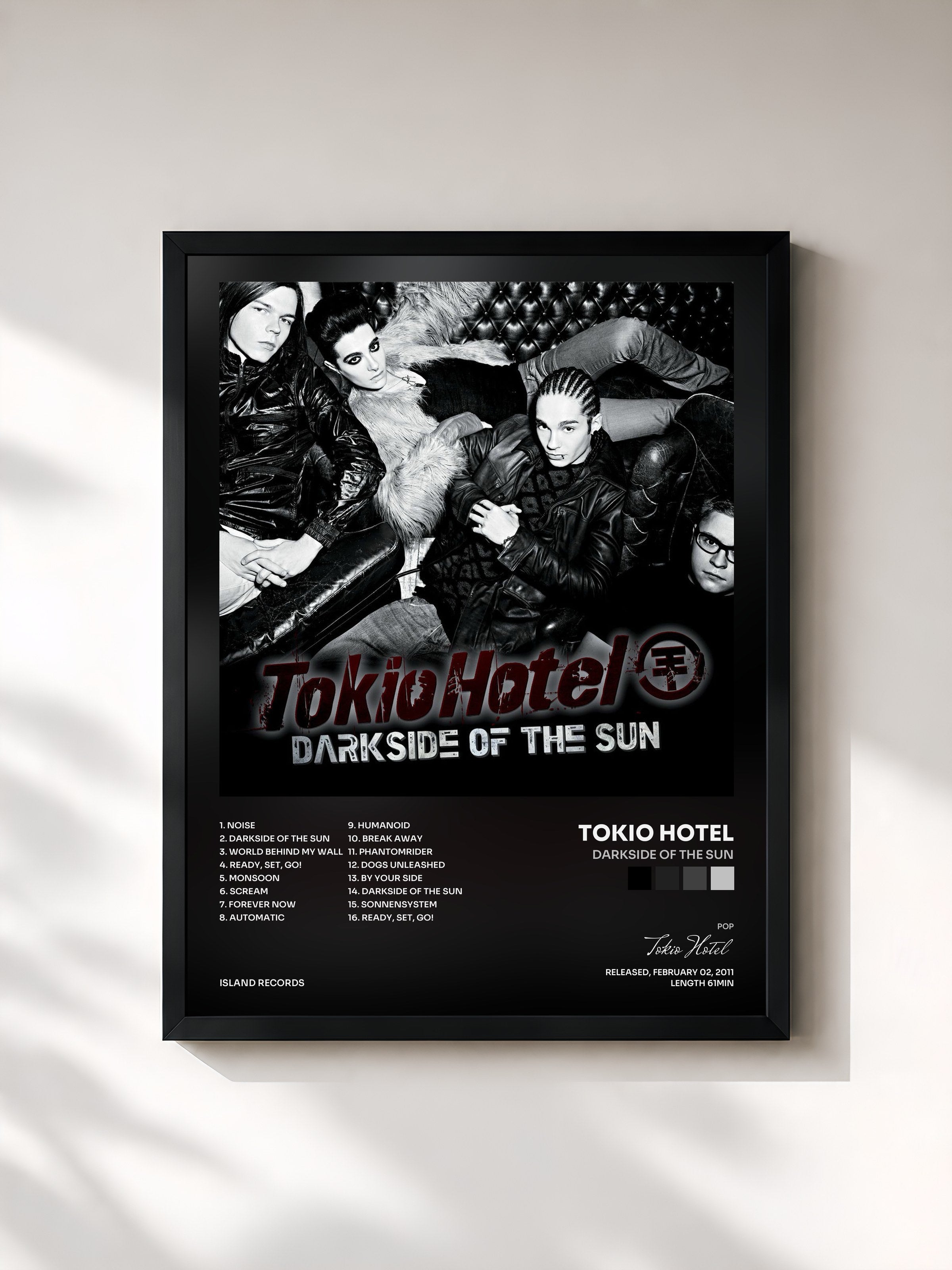 #noir Tableau de l'album Darkside Of The Sun de Tokio Hotel, cadre noir, imprimé et encadré en France