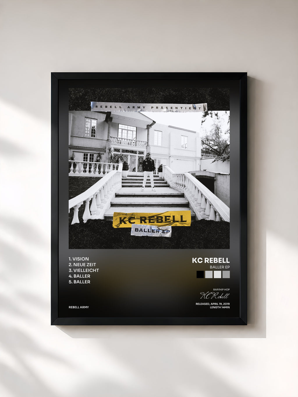 #noir Tableau de l'album Baller EP de KC Rebell, cadre noir, imprimé et encadré en France