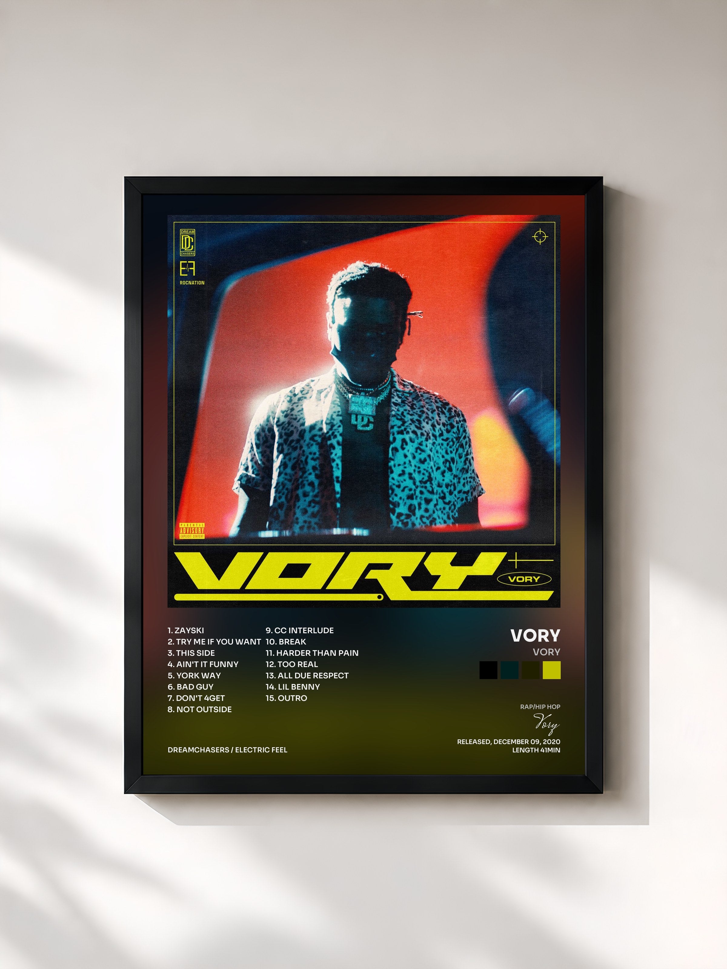 #noir Tableau de l'album VORY de Vory, cadre noir, imprimé et encadré en France