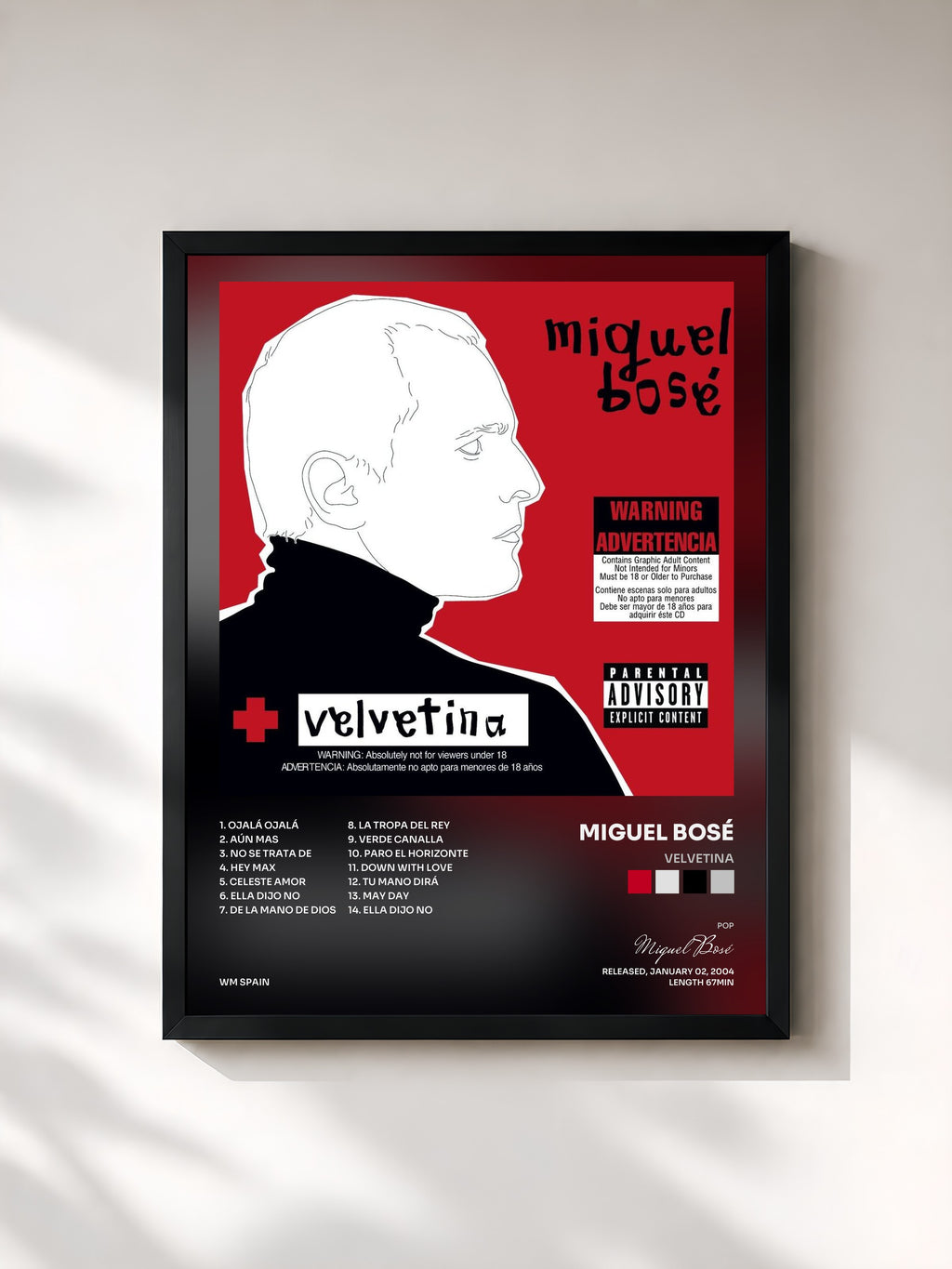 #noir Tableau de l'album Velvetina de Miguel Bosé, cadre noir, imprimé et encadré en France