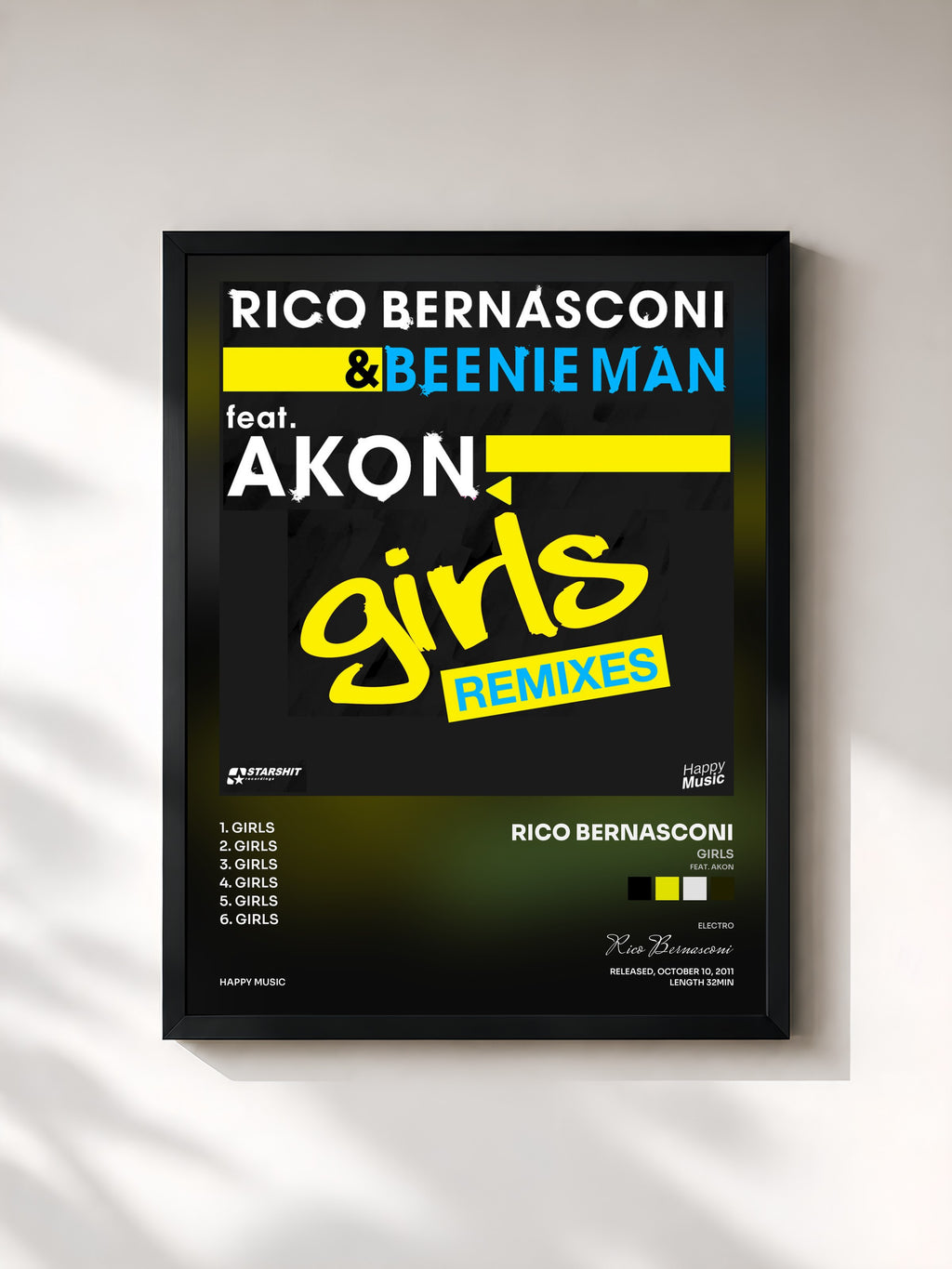#noir Tableau de l'album Girls (feat. Akon) [Remixes] - EP de Rico Bernasconi, cadre noir, imprimé et encadré en France
