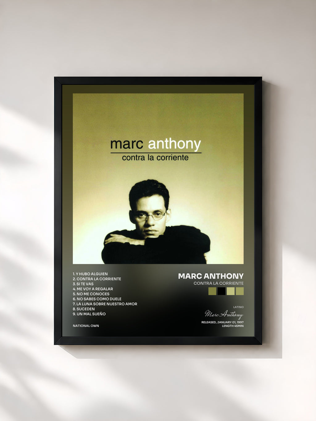 #noir Tableau de l'album Contra La Corriente de Marc Anthony, cadre noir, imprimé et encadré en France