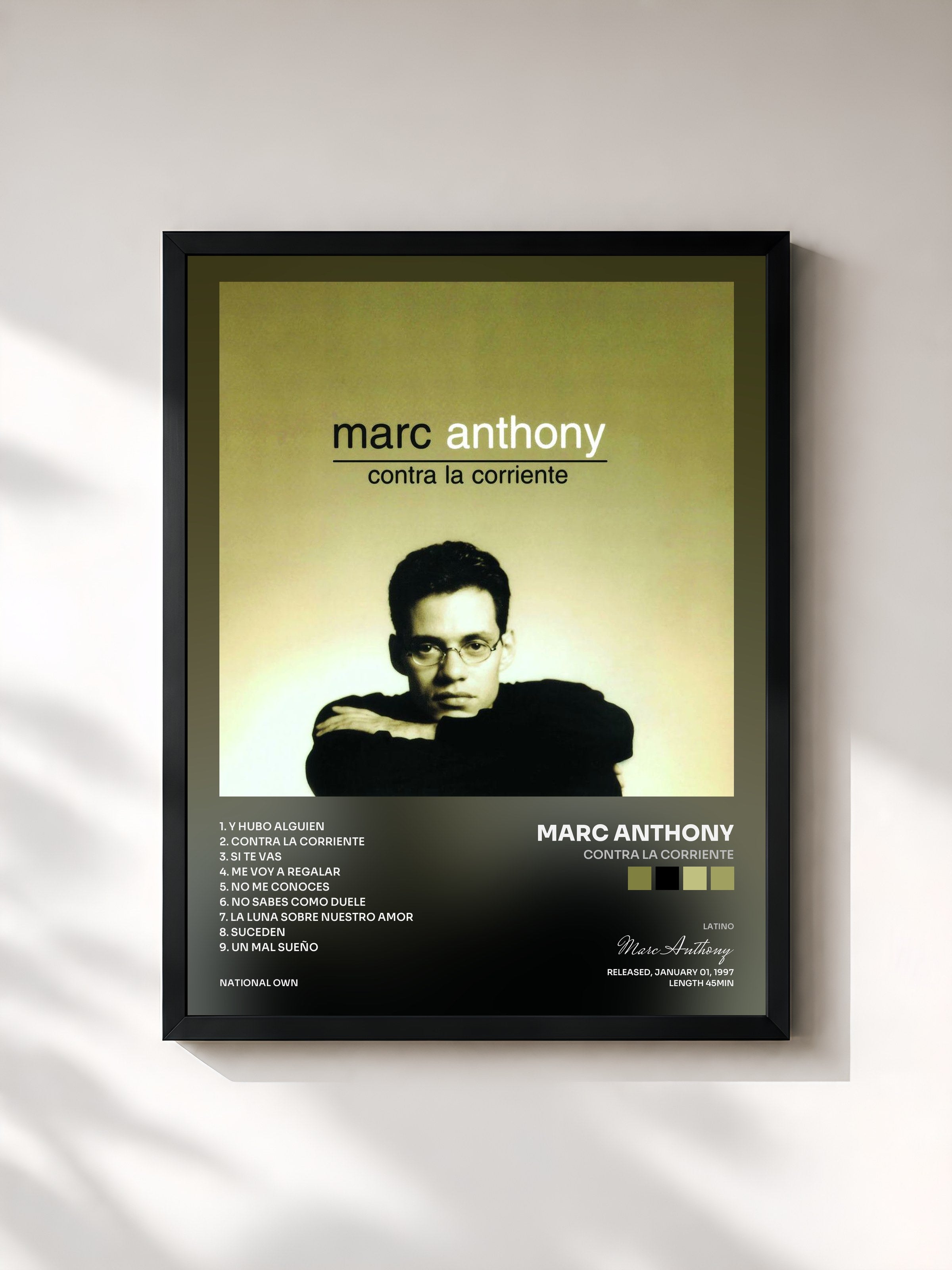 #noir Tableau de l'album Contra La Corriente de Marc Anthony, cadre noir, imprimé et encadré en France