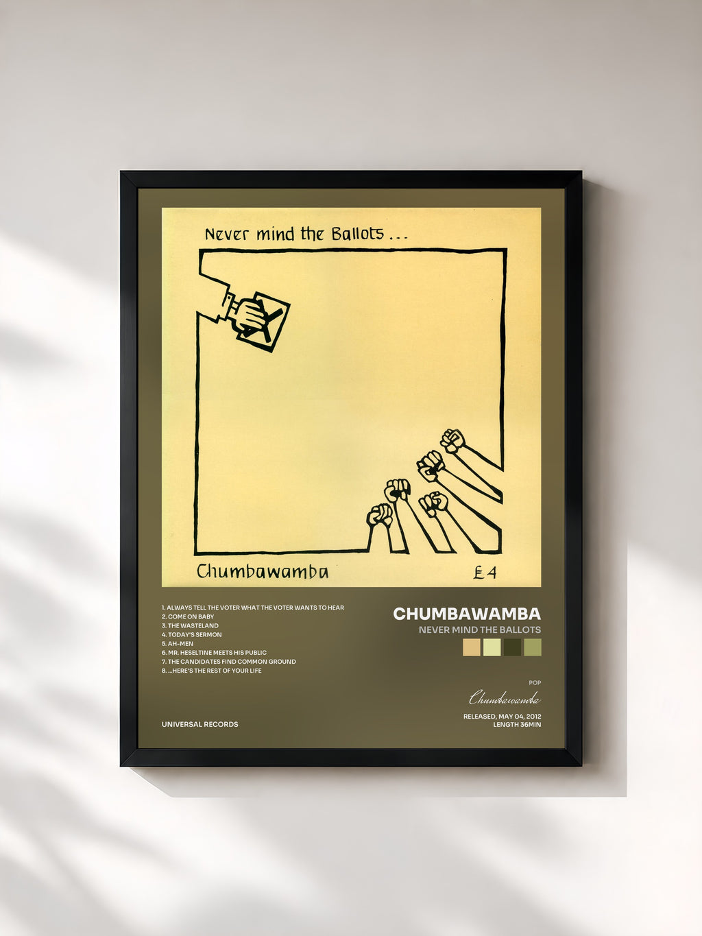 #noir Tableau de l'album Never Mind The Ballots de Chumbawamba, cadre noir, imprimé et encadré en France