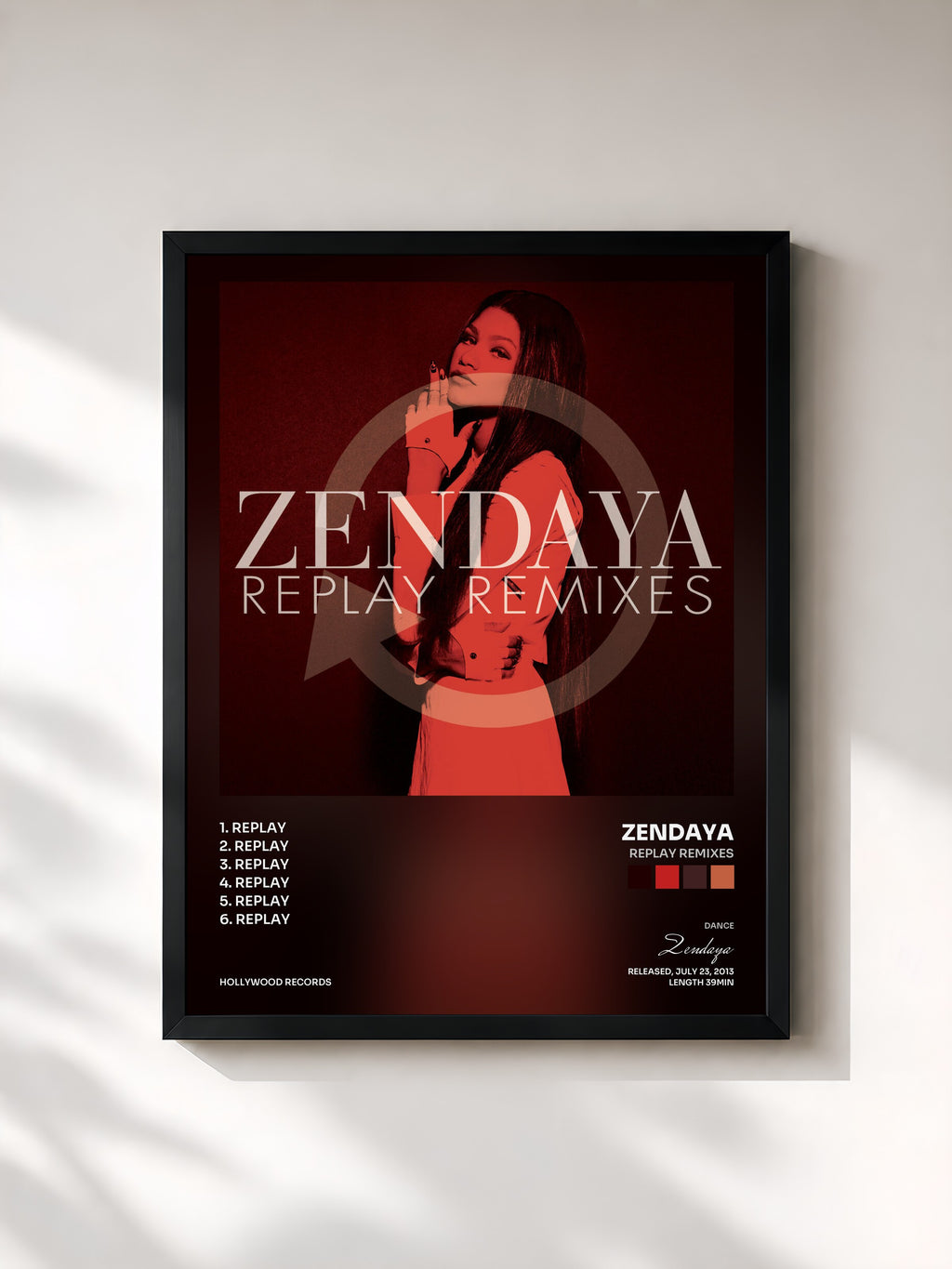 #noir Tableau de l'album Replay Remixes de Zendaya, cadre noir, imprimé et encadré en France