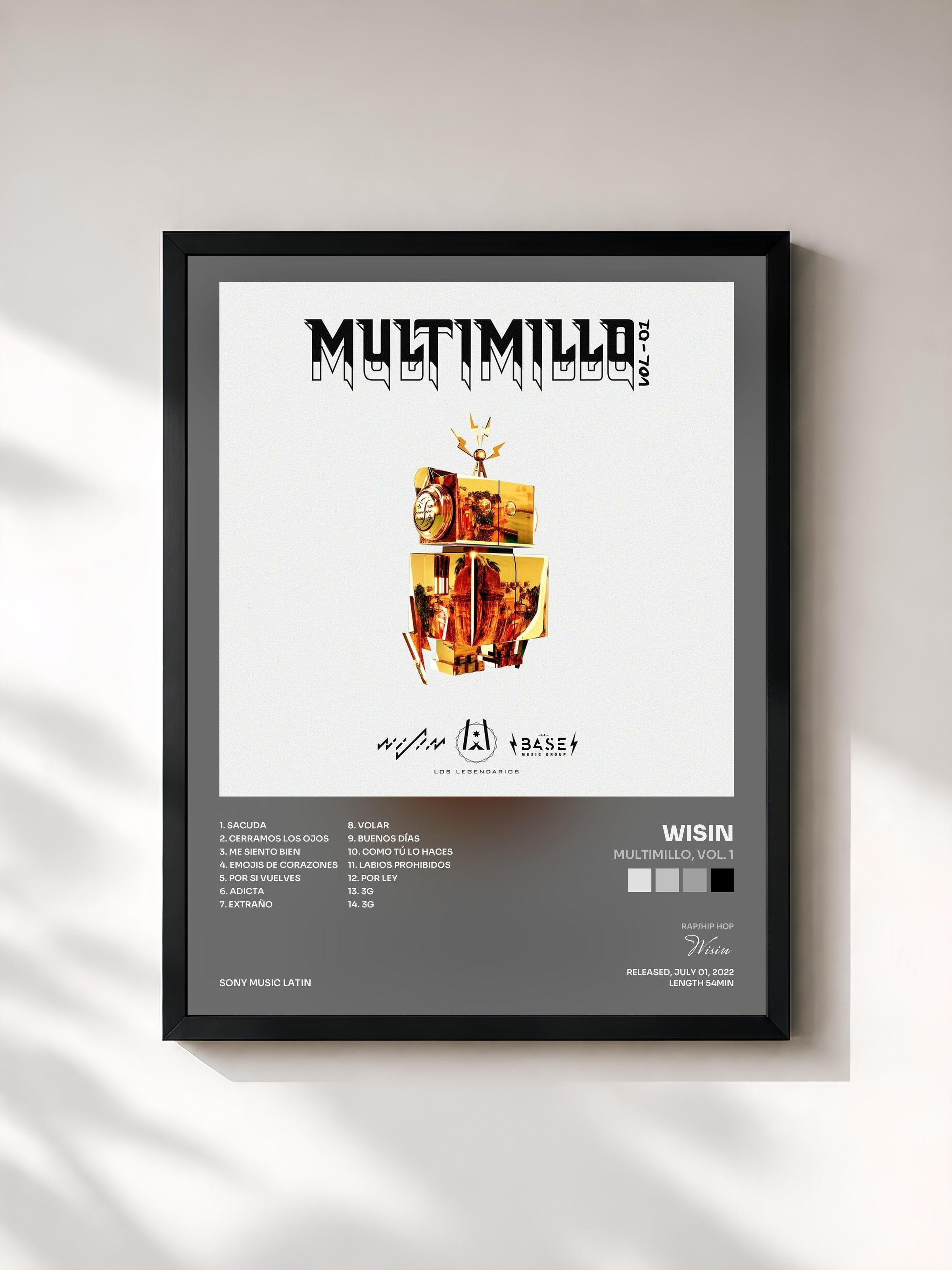 #noir Tableau de l'album Multimillo, Vol. 1 de Wisin, cadre noir, imprimé et encadré en France