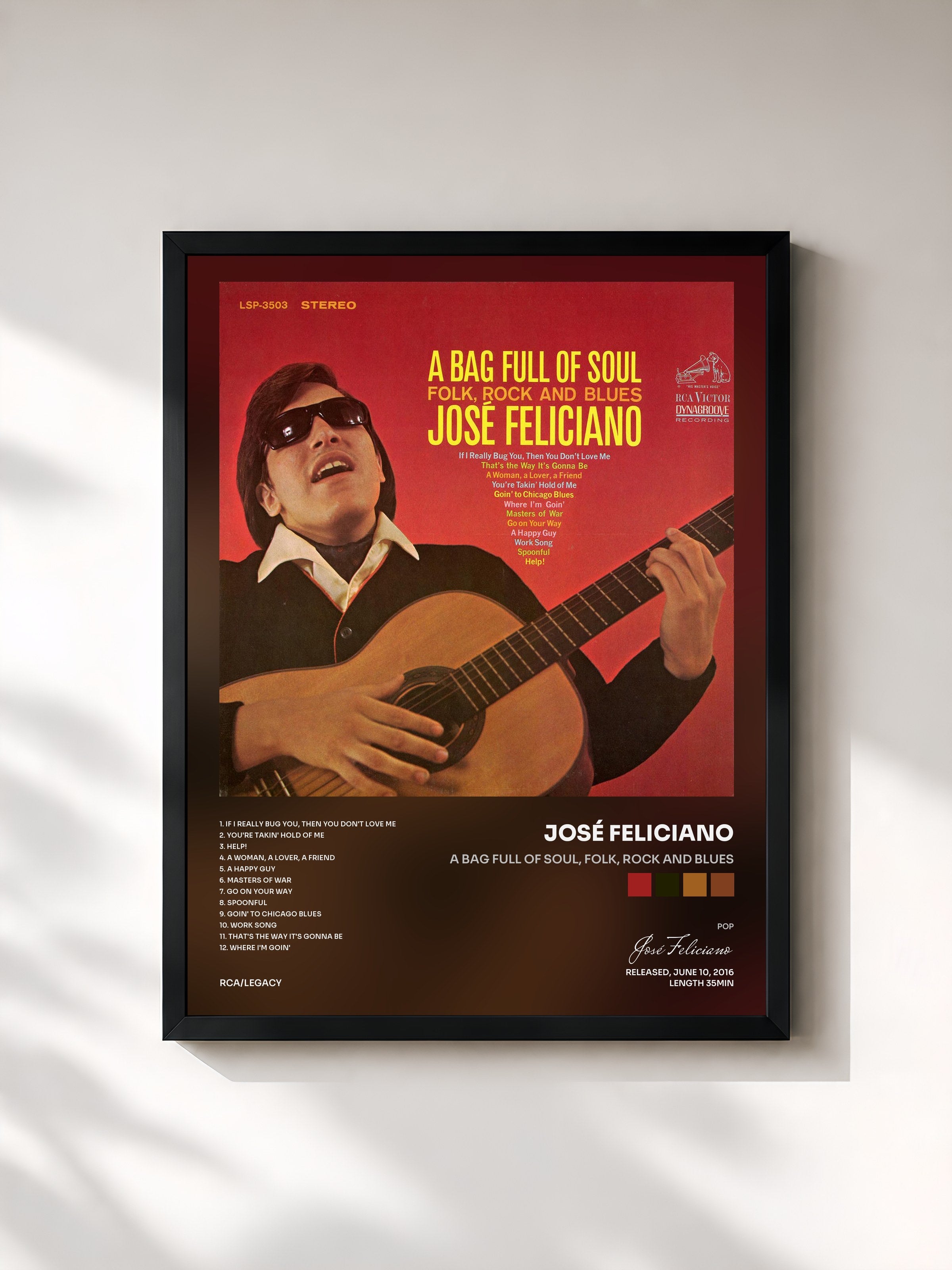 #noir Tableau de l'album A Bag Full of Soul, Folk, Rock and Blues de José Feliciano, cadre noir, imprimé et encadré en France