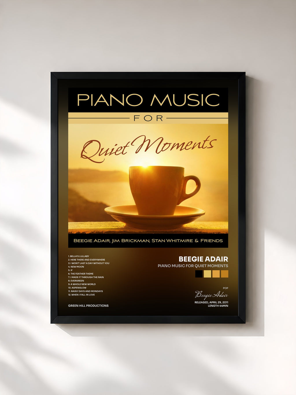 #noir Tableau de l'album Piano Music For Quiet Moments de Beegie Adair, cadre noir, imprimé et encadré en France