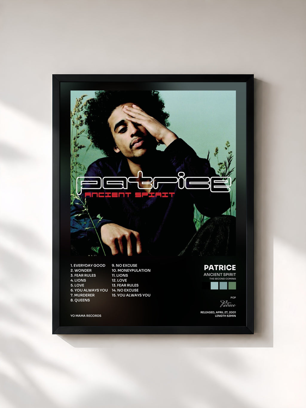 #noir Tableau de l'album Ancient Spirit (The Second Coming) de Patrice, cadre noir, imprimé et encadré en France
