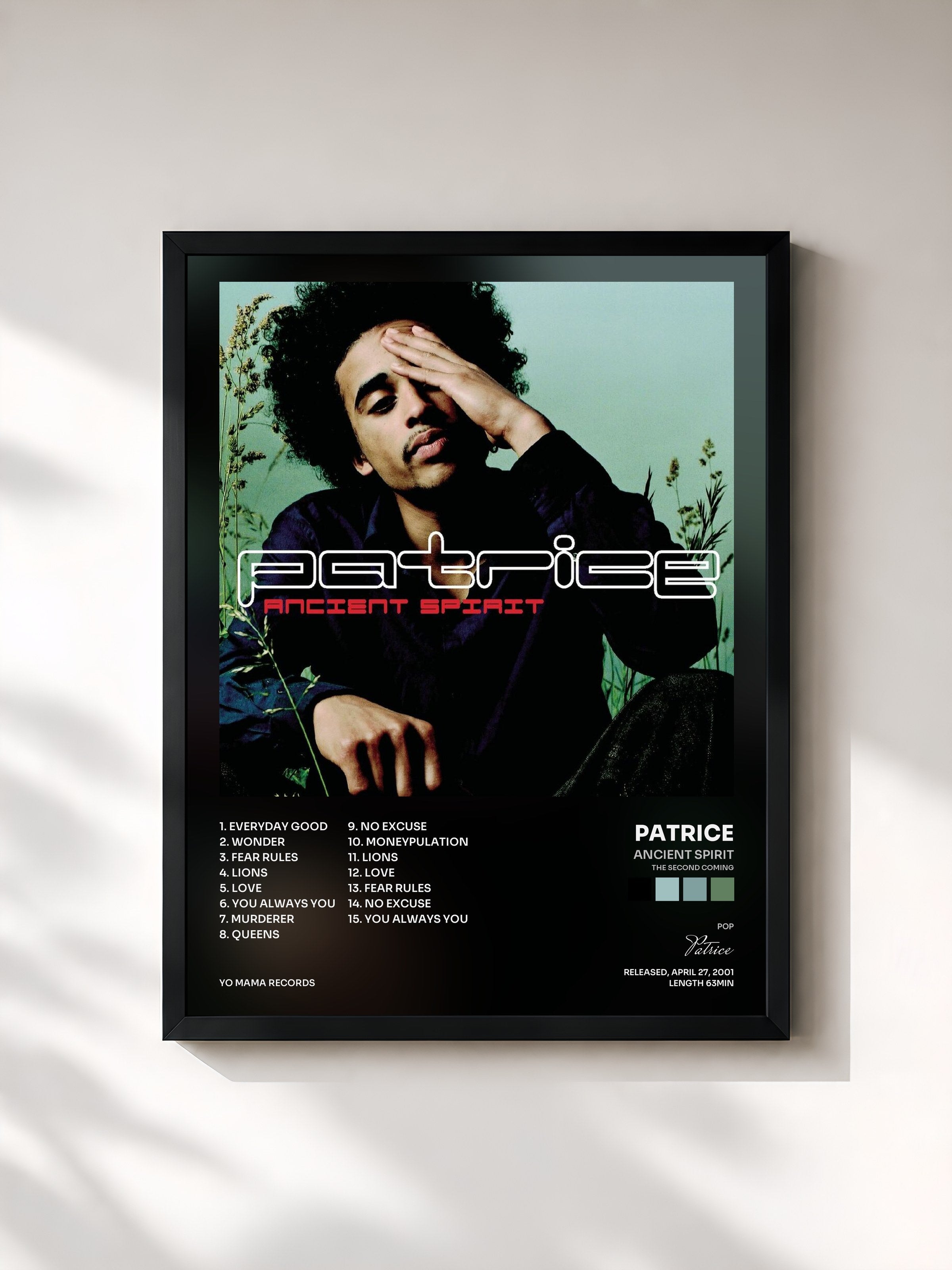 #noir Tableau de l'album Ancient Spirit (The Second Coming) de Patrice, cadre noir, imprimé et encadré en France