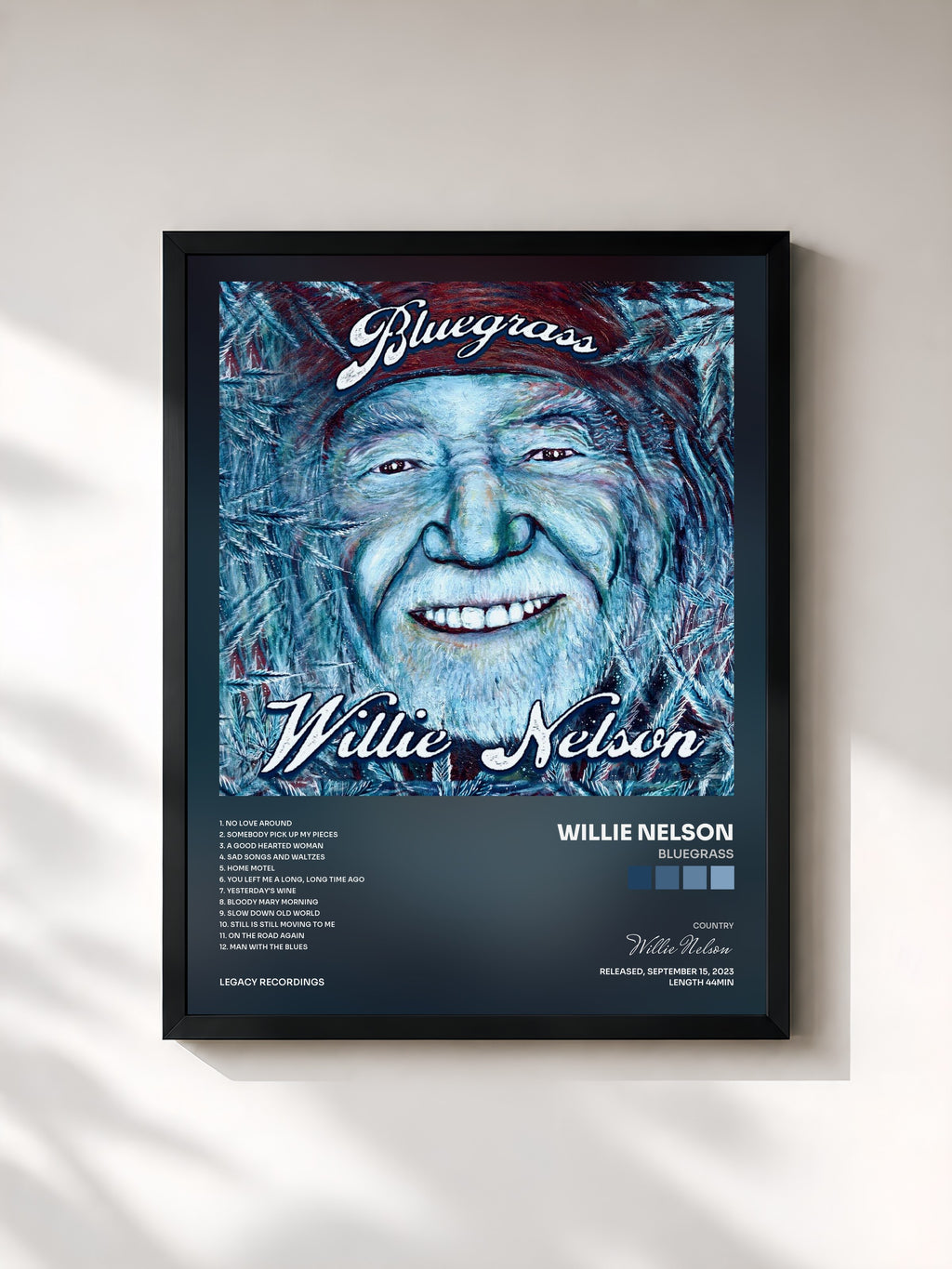 #noir Tableau de l'album Bluegrass de Willie Nelson, cadre noir, imprimé et encadré en France