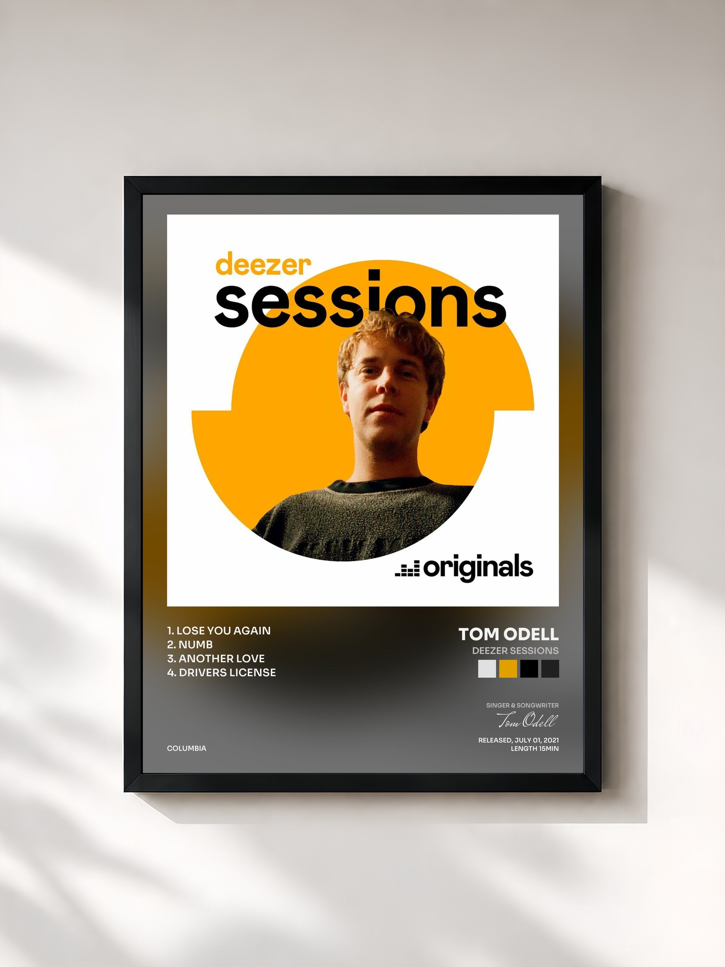 #noir Tableau de l'album Deezer Sessions de Tom Odell, cadre noir, imprimé et encadré en France