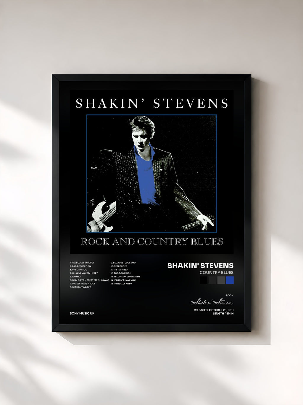 #noir Tableau de l'album Country Blues de Shakin' Stevens, cadre noir, imprimé et encadré en France