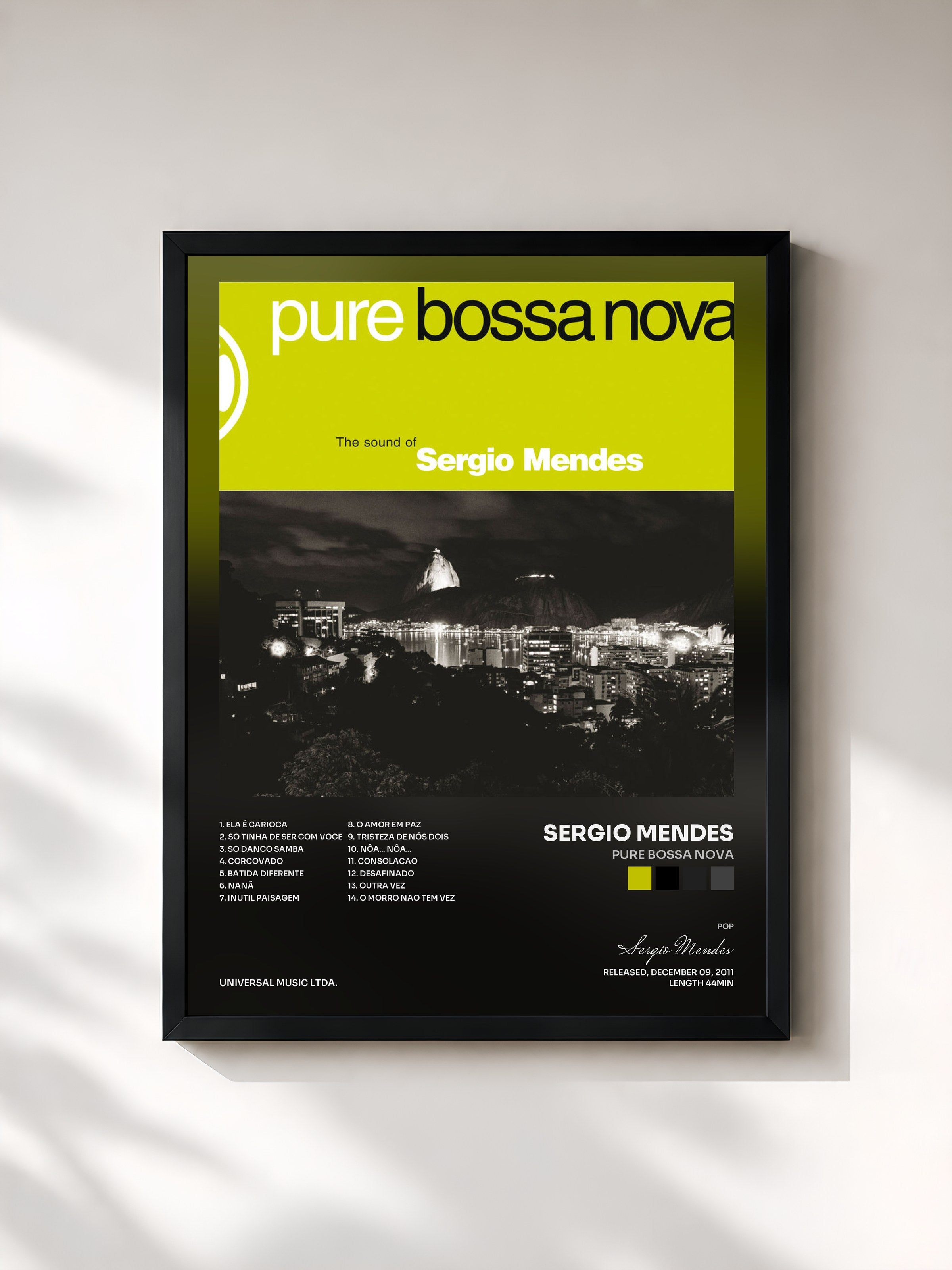 #noir Tableau de l'album Pure Bossa Nova de Sergio Mendes, cadre noir, imprimé et encadré en France