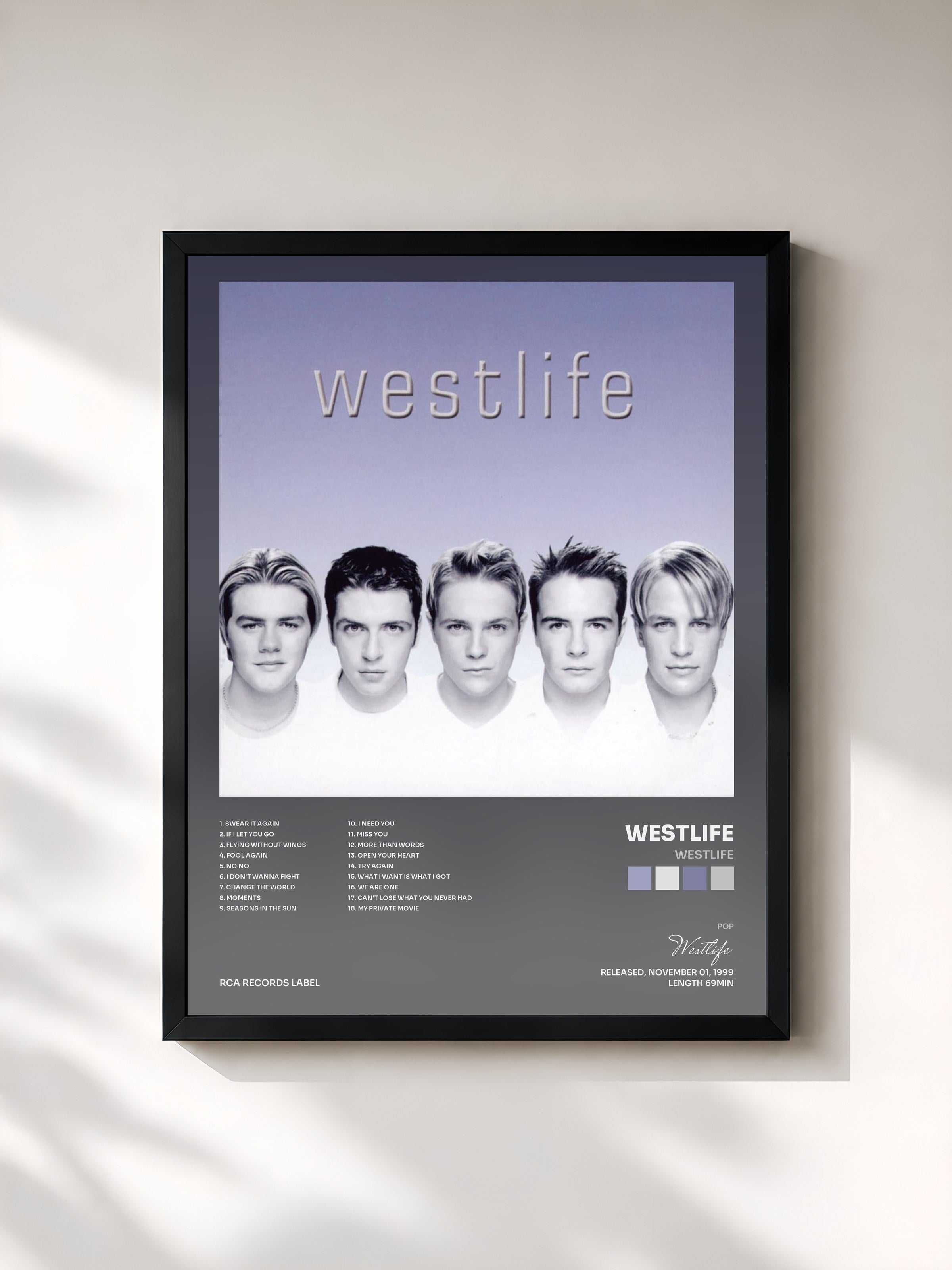 #noir Tableau de l'album Westlife de Westlife, cadre noir, imprimé et encadré en France