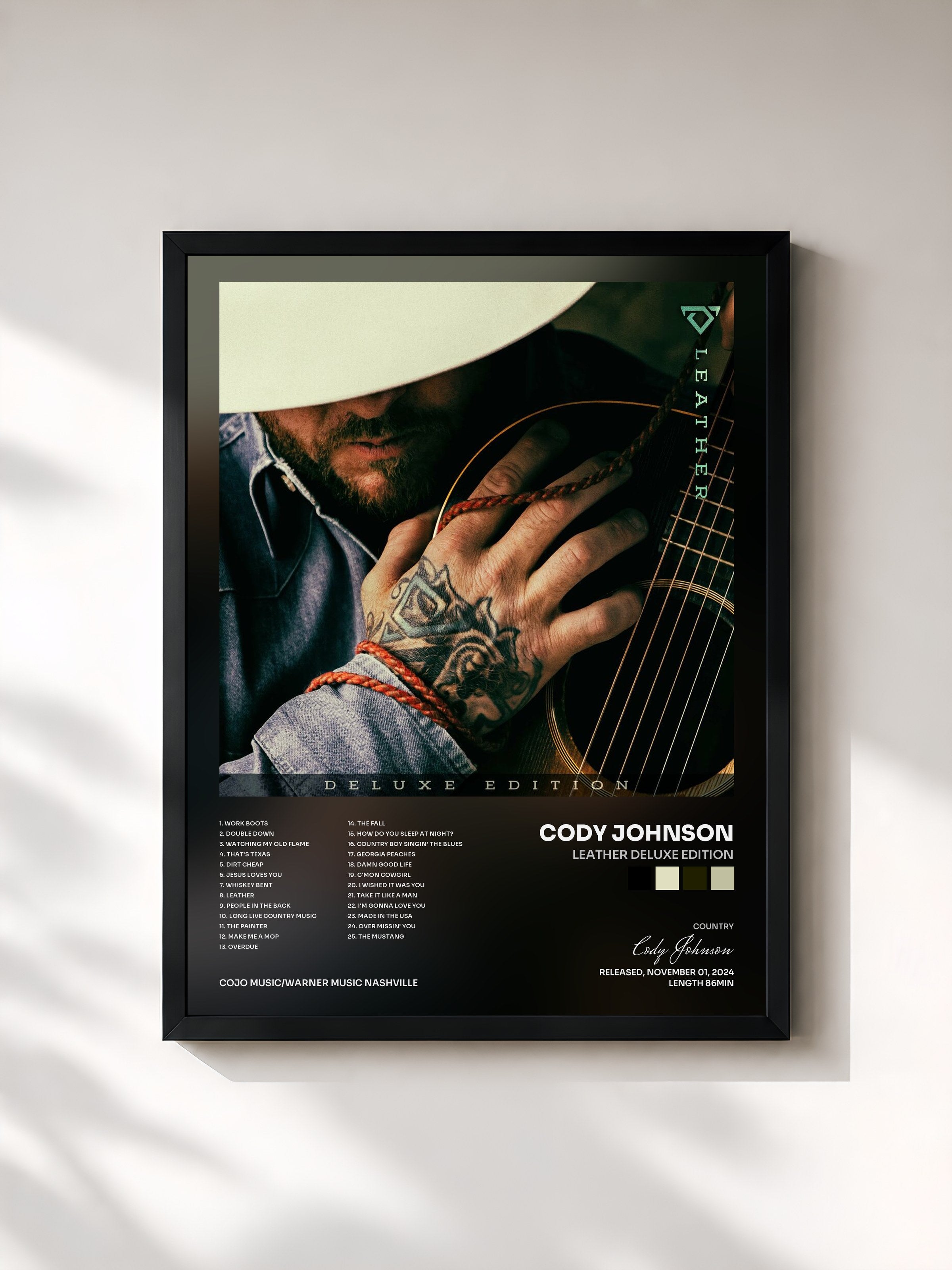 #noir Tableau de l'album Leather Deluxe Edition de Cody Johnson, cadre noir, imprimé et encadré en France