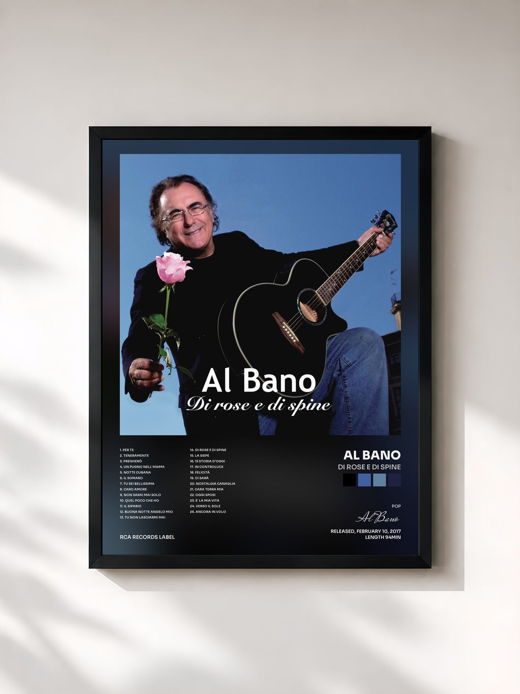 #noir Tableau de l'album Di rose e di spine de Al Bano, cadre noir, imprimé et encadré en France