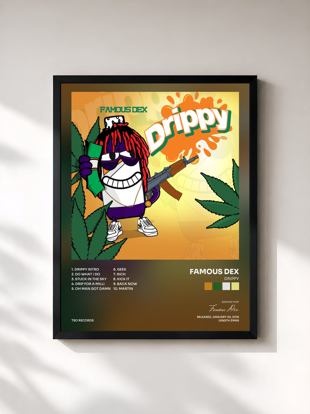 #noir Tableau de l'album Drippy de Famous Dex, cadre noir, imprimé et encadré en France
