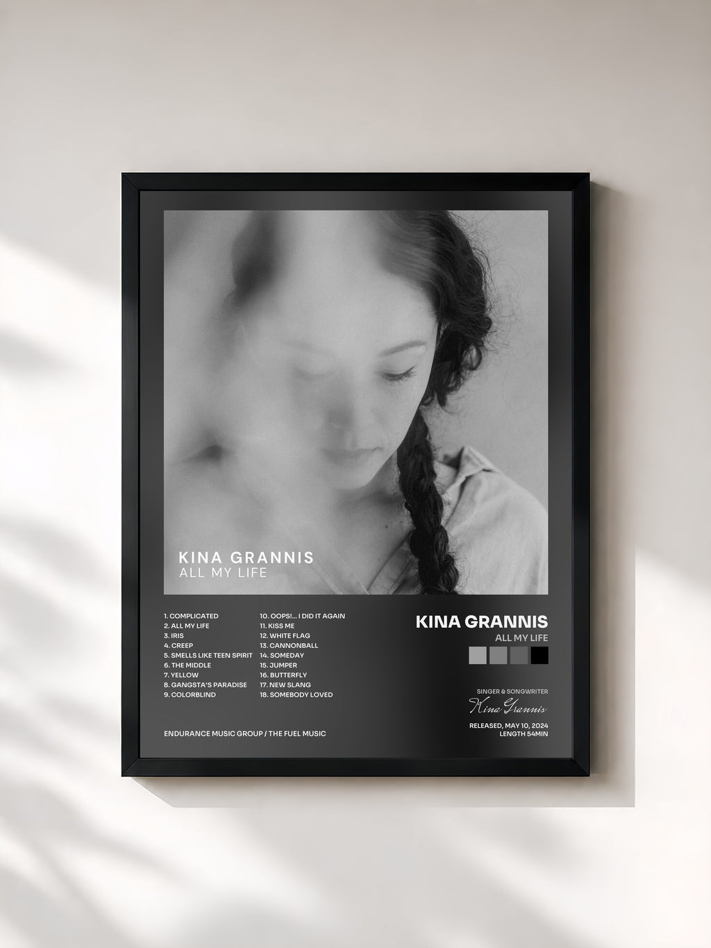 #noir Tableau de l'album All My Life de Kina Grannis, cadre noir, imprimé et encadré en France