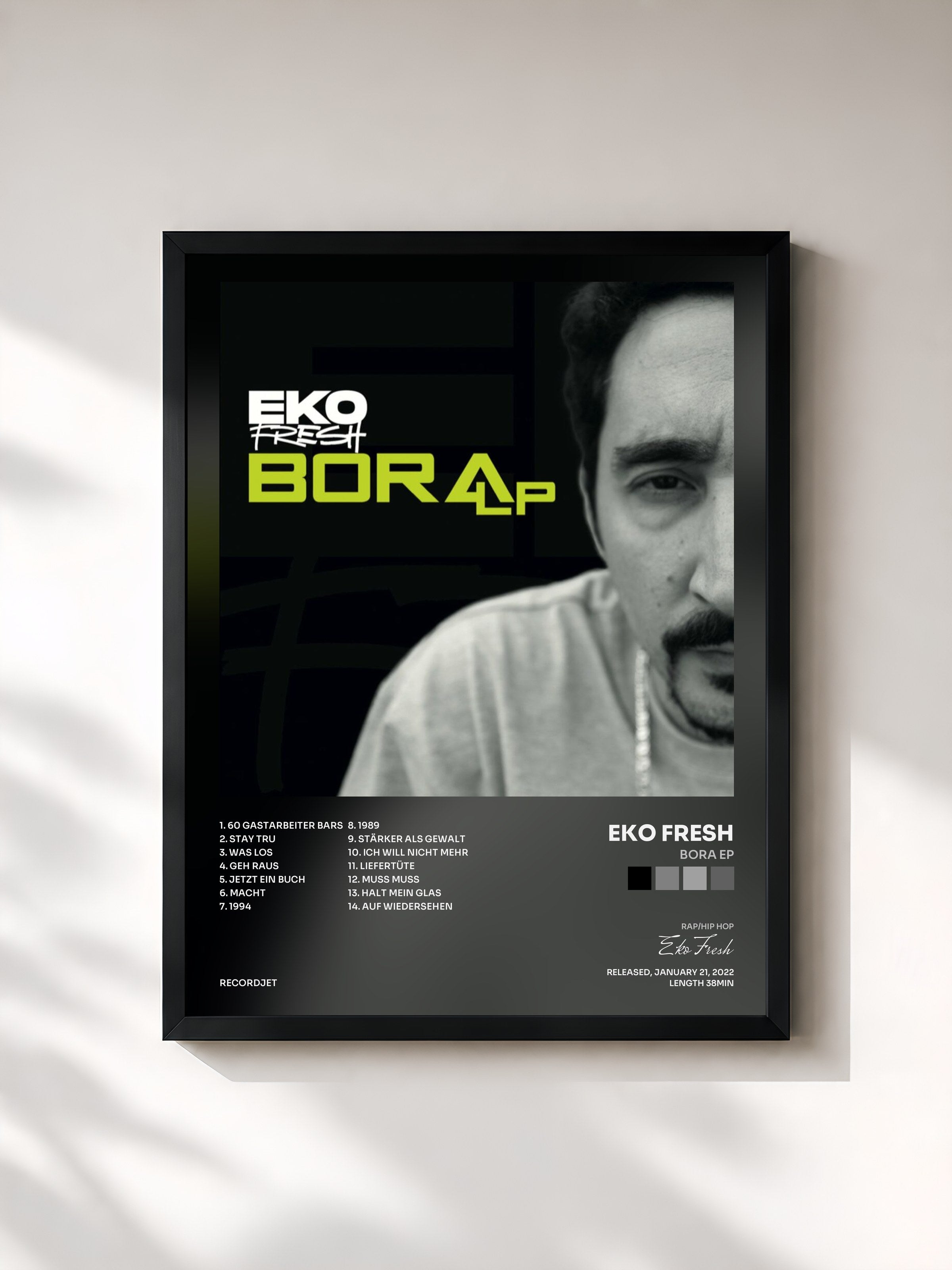 #noir Tableau de l'album Bora EP de Eko Fresh, cadre noir, imprimé et encadré en France
