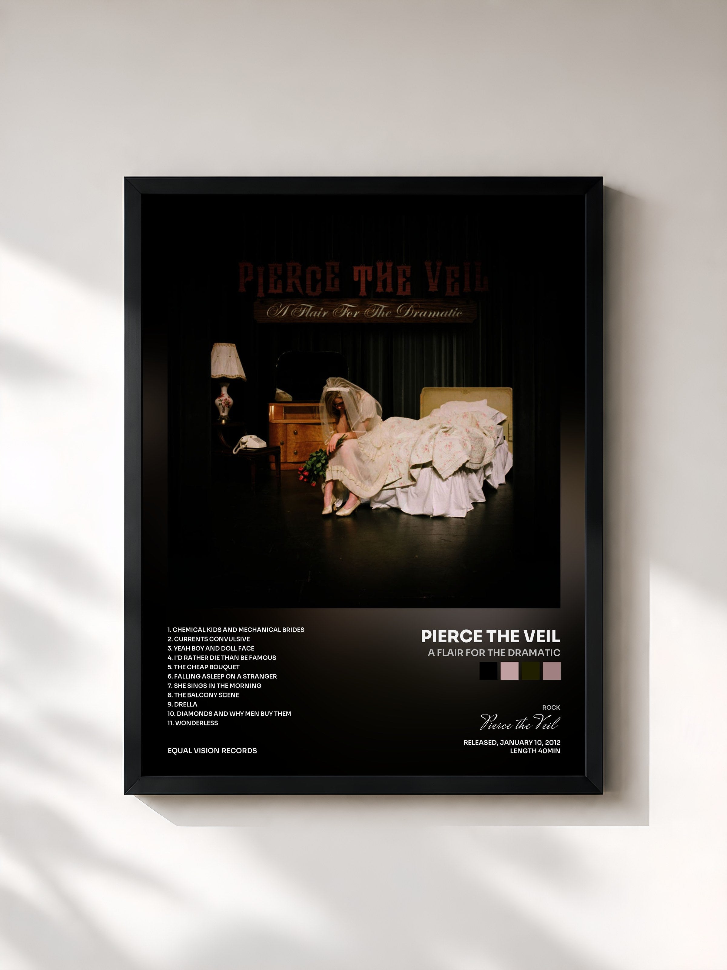 #noir Tableau de l'album A Flair For The Dramatic de Pierce the Veil, cadre noir, imprimé et encadré en France