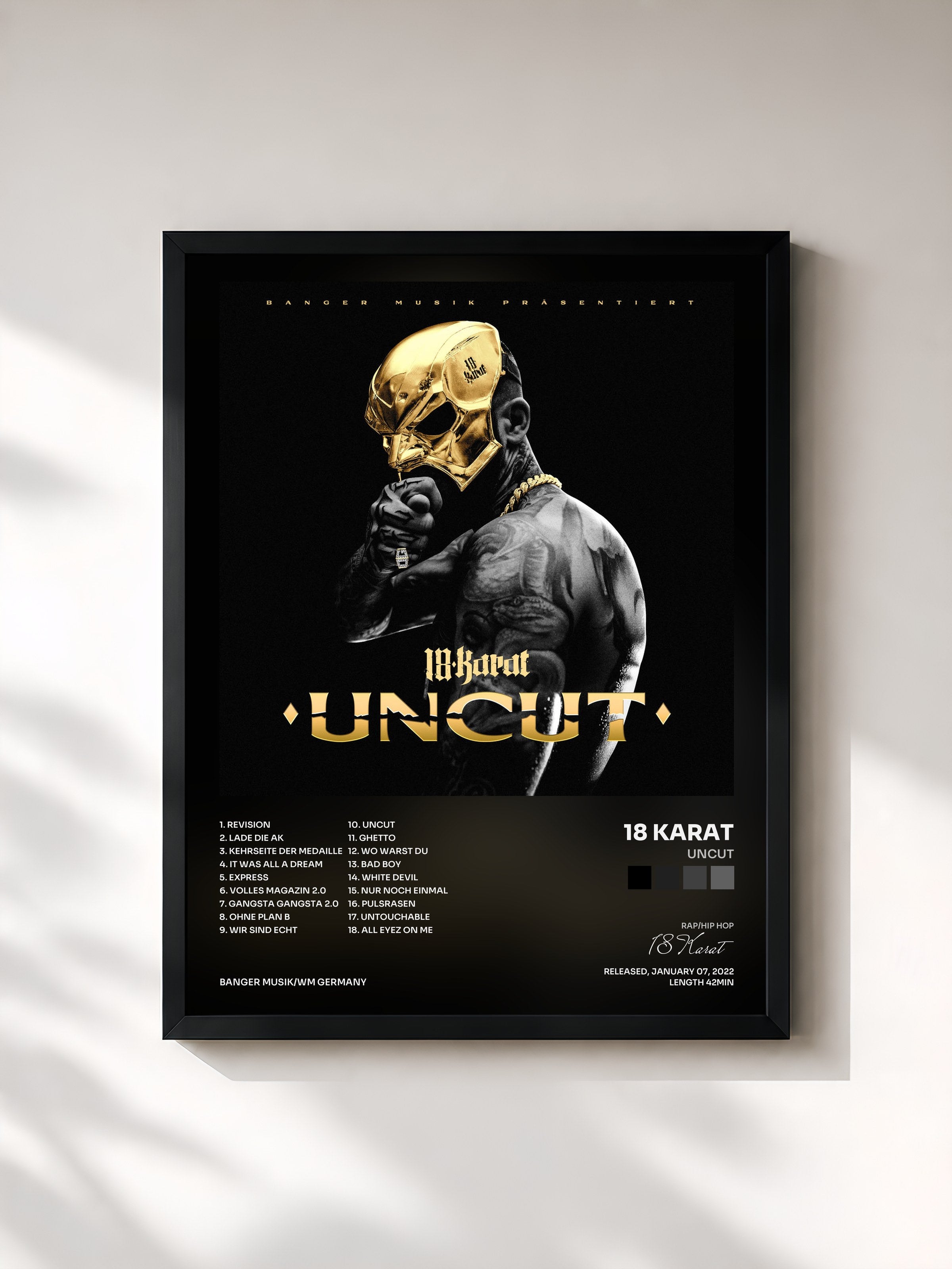 #noir Tableau de l'album UNCUT de 18 Karat, cadre noir, imprimé et encadré en France