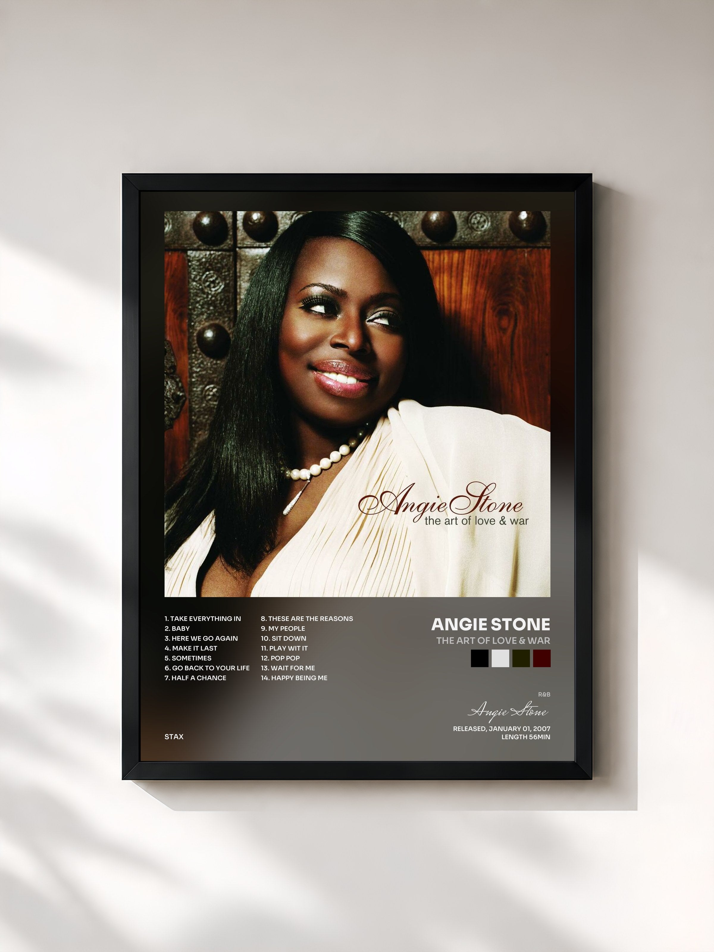 #noir Tableau de l'album The Art of Love & War de Angie Stone, cadre noir, imprimé et encadré en France