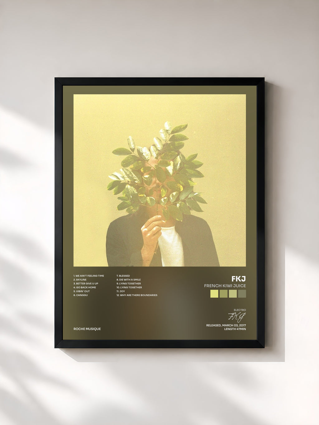 #noir Tableau de l'album French Kiwi Juice de FKJ, cadre noir, imprimé et encadré en France