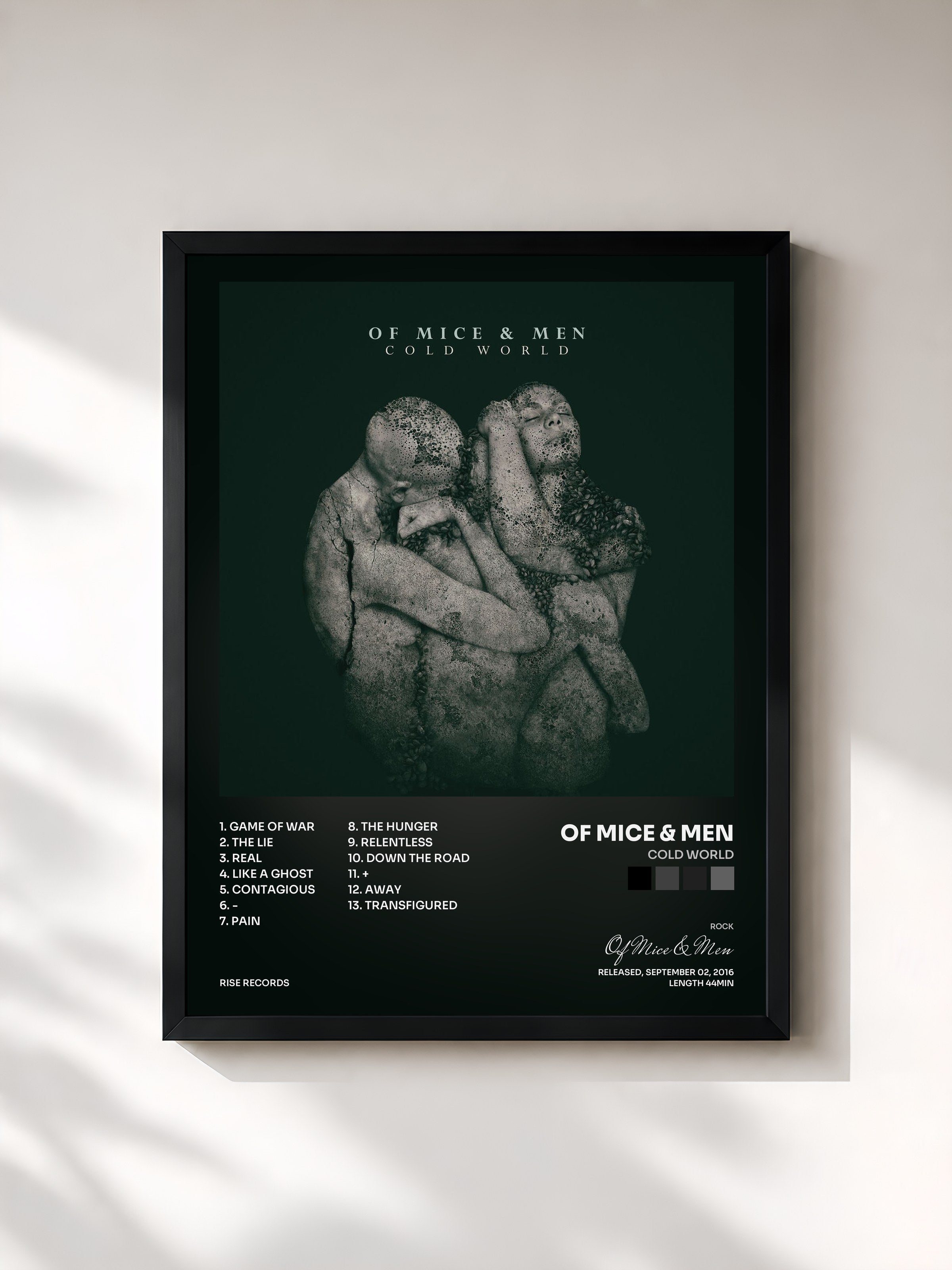 #noir Tableau de l'album Cold World de Of Mice & Men, cadre noir, imprimé et encadré en France