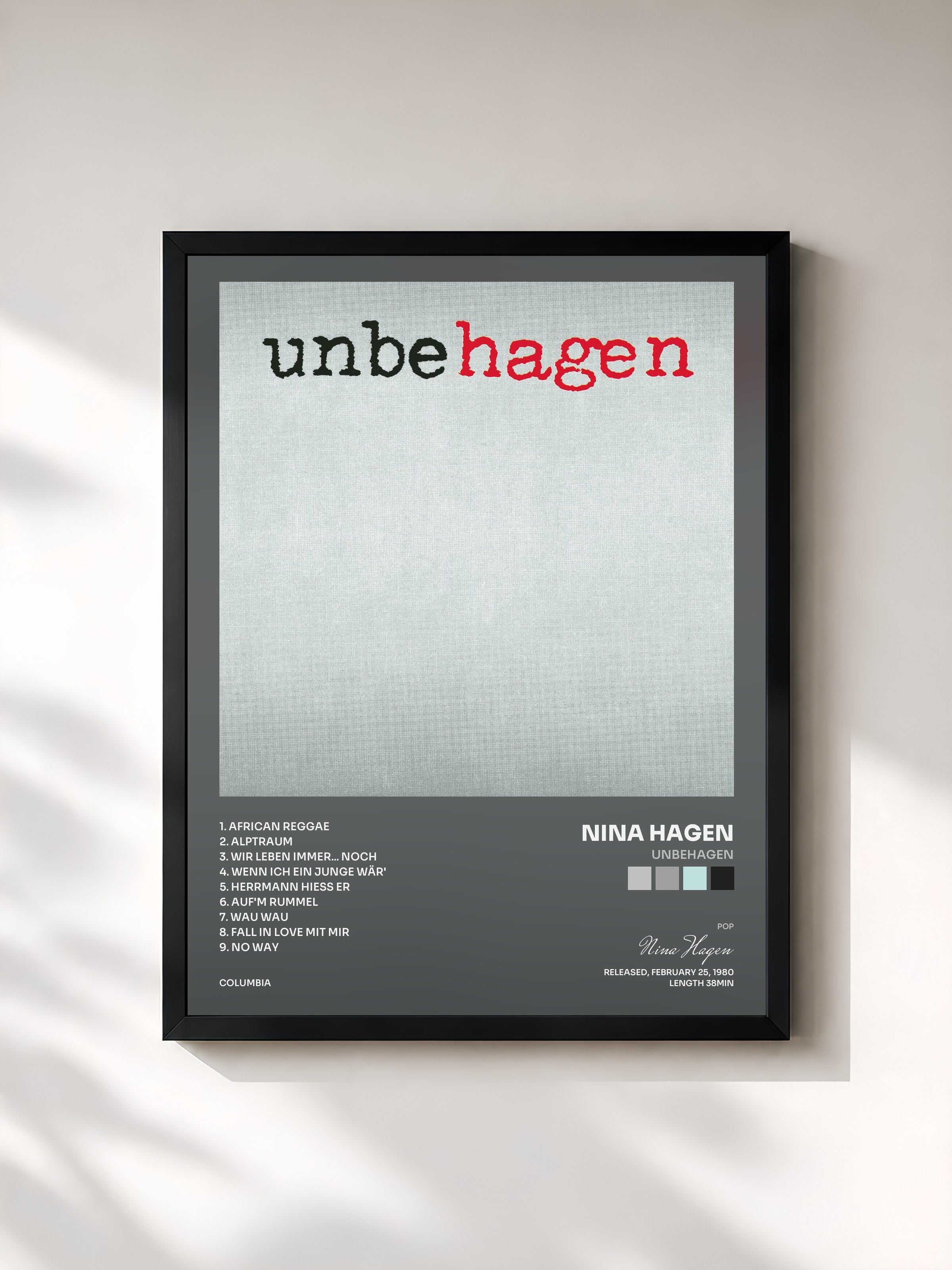 #noir Tableau de l'album Unbehagen de Nina Hagen, cadre noir, imprimé et encadré en France