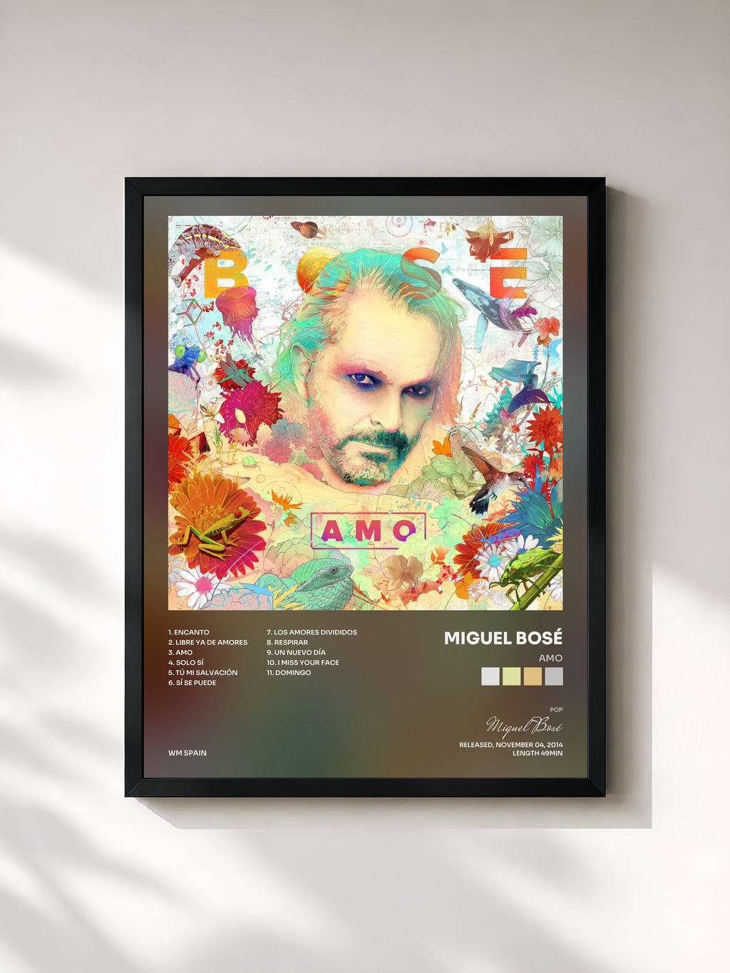 #noir Tableau de l'album Amo de Miguel Bosé, cadre noir, imprimé et encadré en France