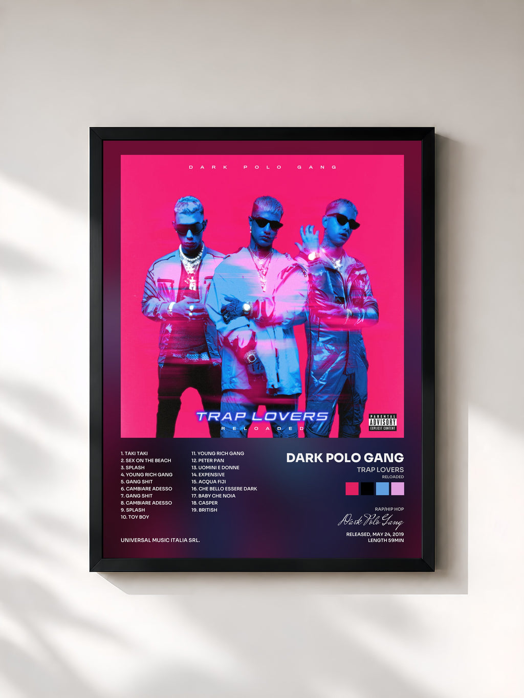 #noir Tableau de l'album Trap Lovers (Reloaded) de Dark Polo Gang, cadre noir, imprimé et encadré en France
