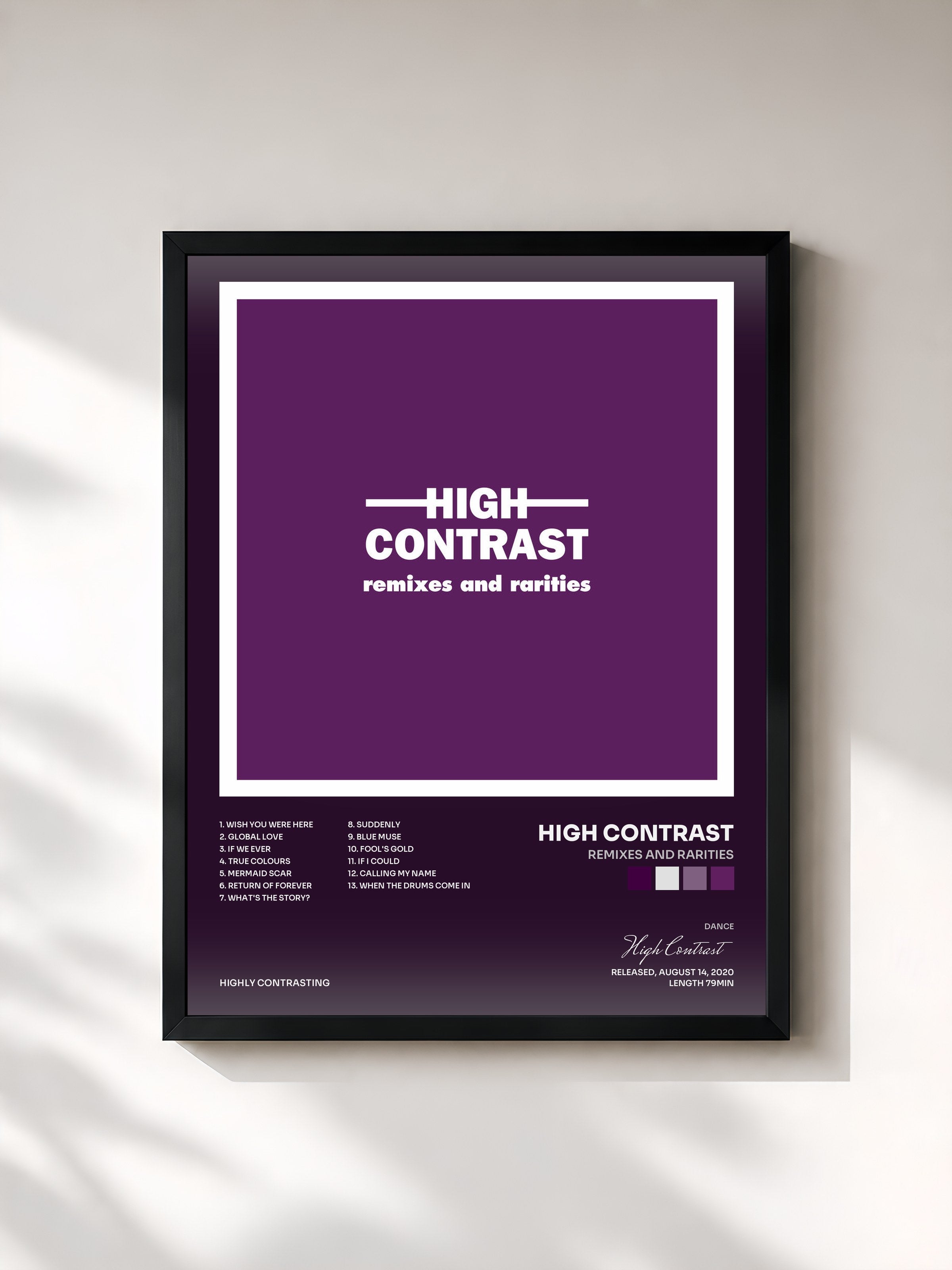 #noir Tableau de l'album Remixes and Rarities de High Contrast, cadre noir, imprimé et encadré en France