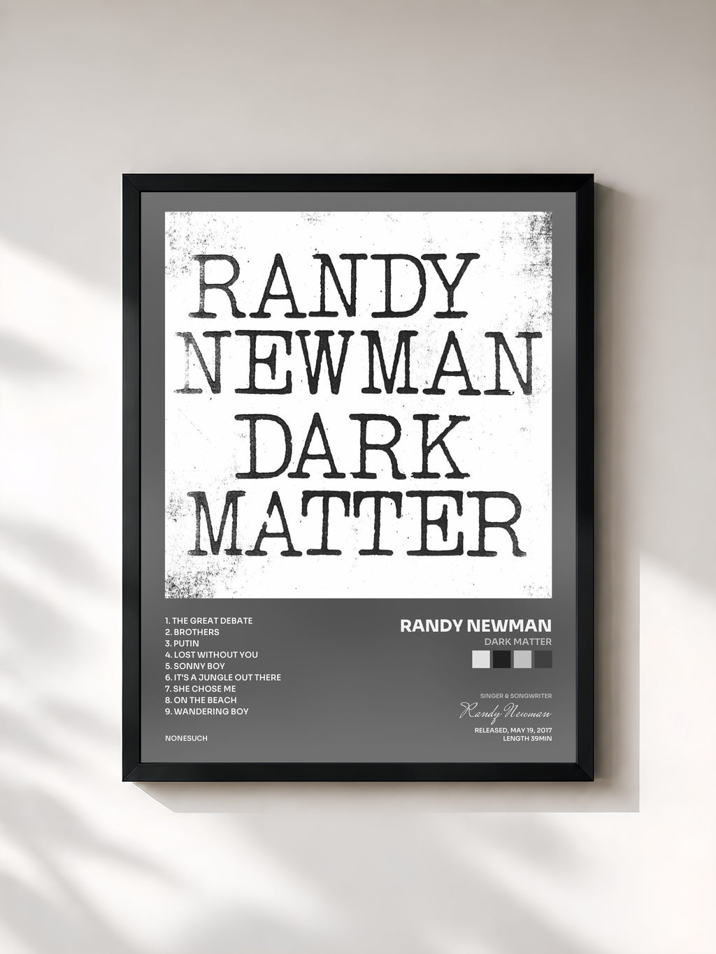 #noir Tableau de l'album Dark Matter de Randy Newman, cadre noir, imprimé et encadré en France